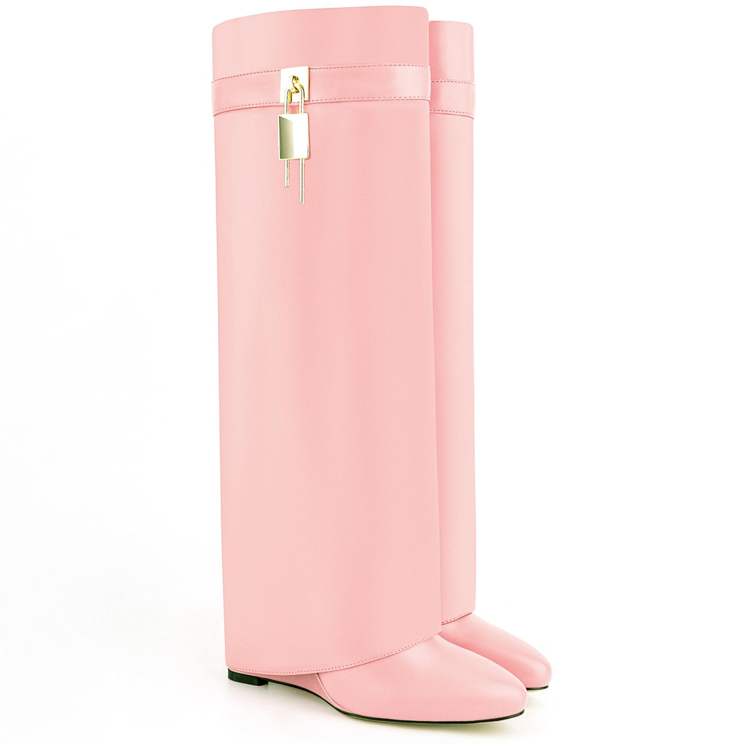 Fold Over Boots for Women Pointy Pull-on Wedge Heel Knee Shark Boot With Side Zipper Padlock Design