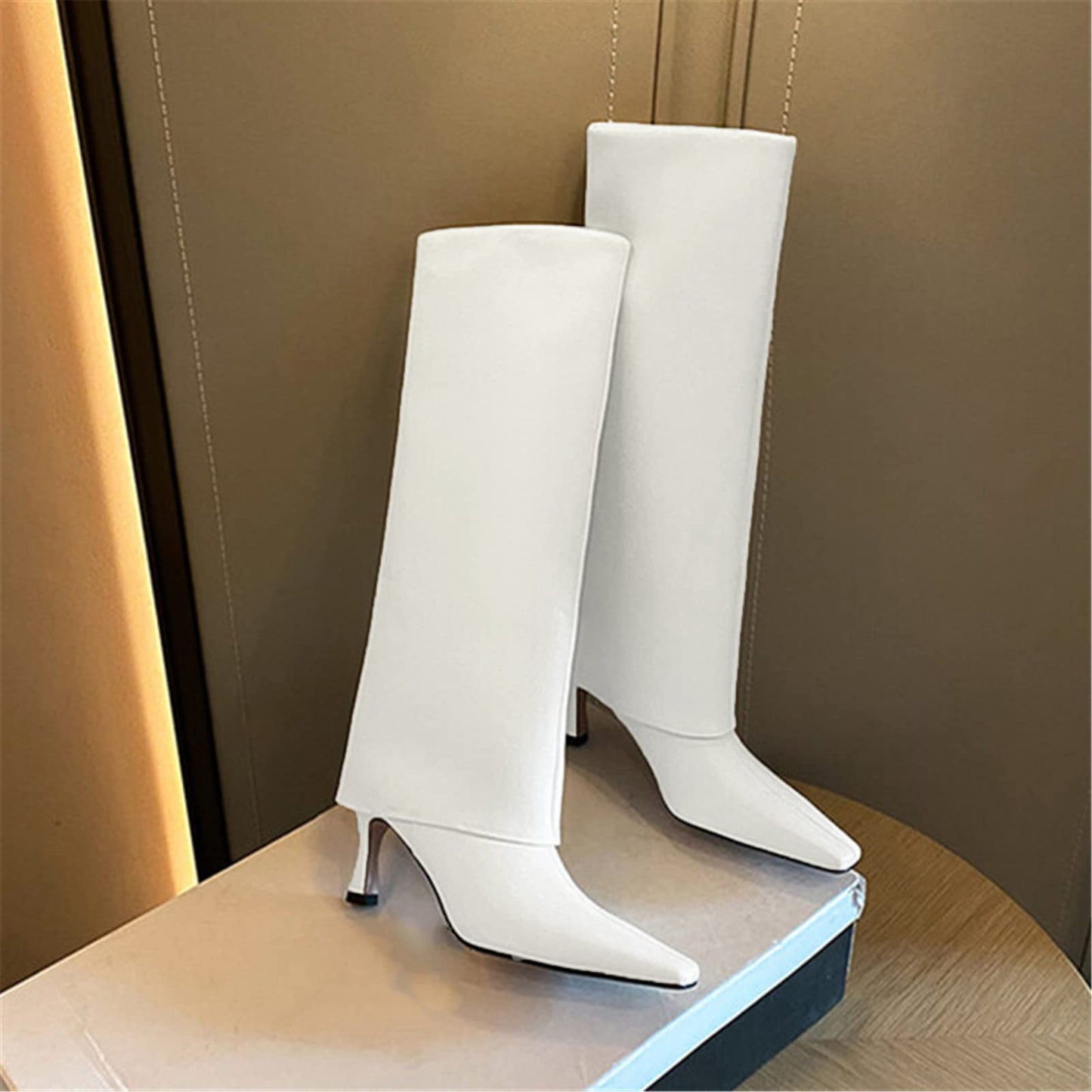 Women's Stiletto Heel Knee High Boots Square Toe Slip On Fold Over Boots For Women Leather Comfortable Dress Tall Boots