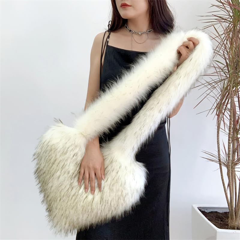 Cookies Heart Shaped Furry Purse for Women Large Soft Shoulder Bag Fluffy Faux Fur Trendy Y2K Girls Handbag