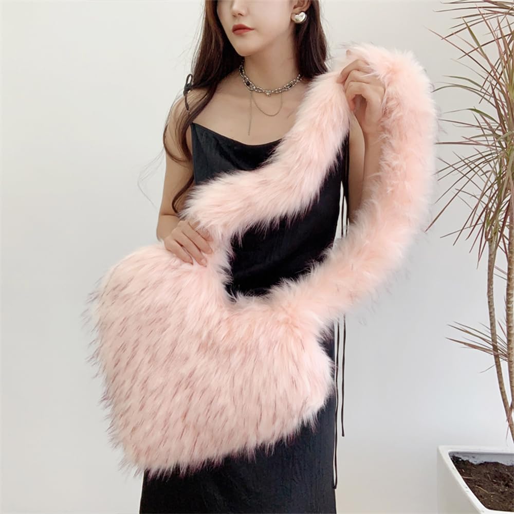 Cookies Heart Shaped Furry Purse for Women Large Soft Shoulder Bag Fluffy Faux Fur Trendy Y2K Girls Handbag