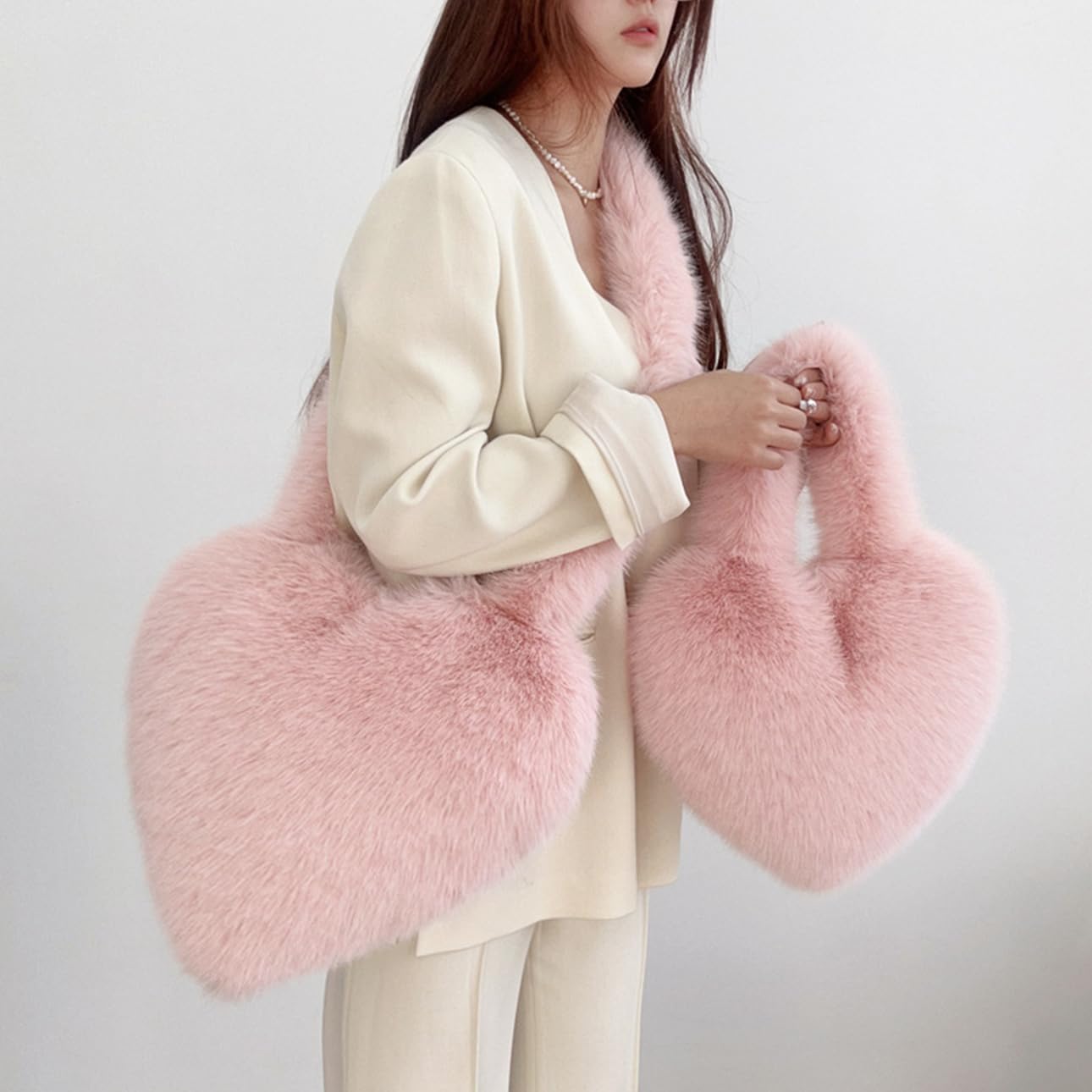 Cookies Heart Shaped Furry Purse for Women Large Soft Shoulder Bag Fluffy Faux Fur Trendy Y2K Girls Handbag