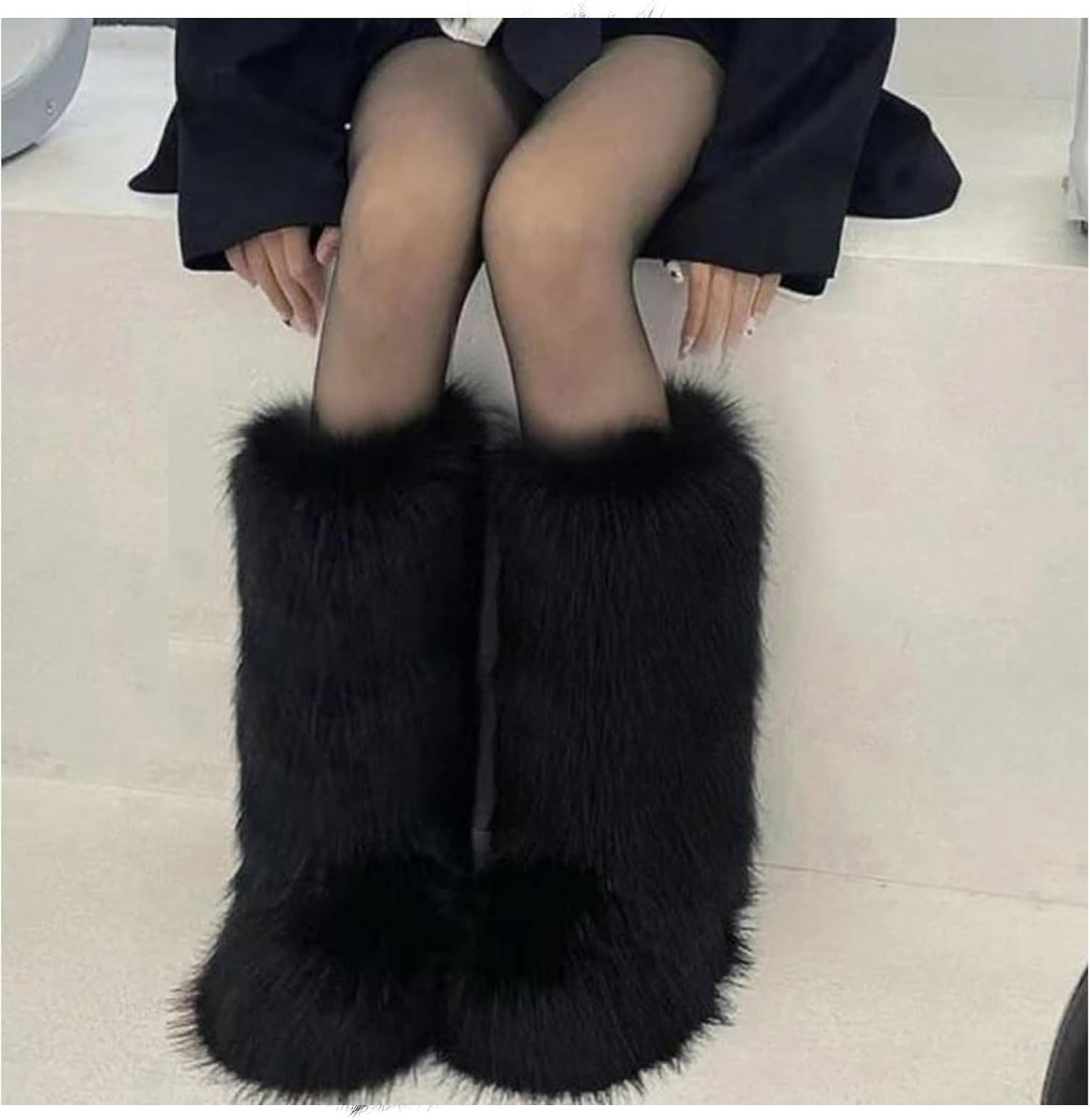 Cookies Women's Faux Fur Boot Furry Fluffy Round Toe Suede Winter Comfy Plush Warm Short Outdoor Indoor Flat Shoes Knee-High Boots