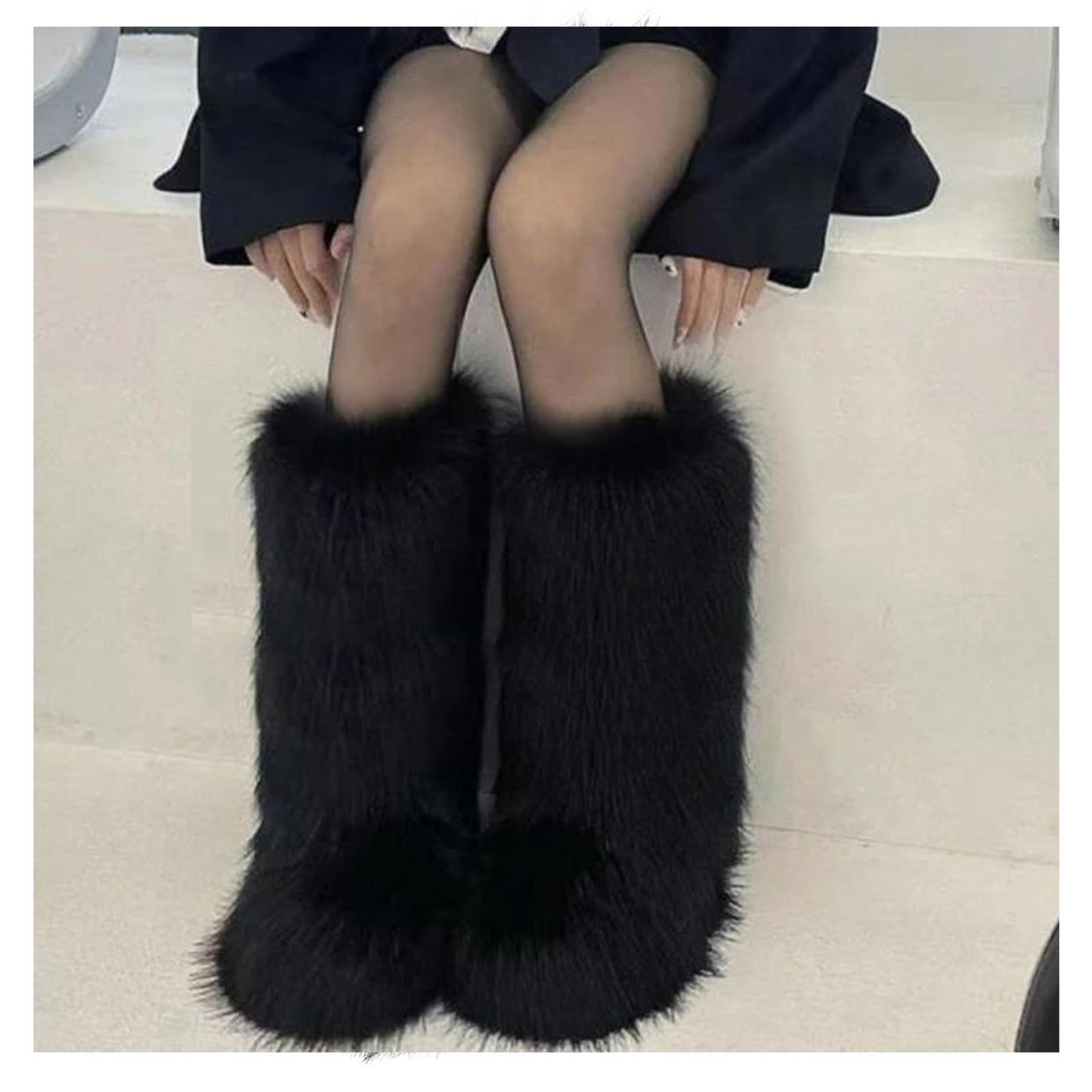 Cookies Women's Faux Fur Boot Furry Fluffy Round Toe Suede Winter Comfy Plush Warm Short Outdoor Indoor Flat Shoes Knee-High Boots
