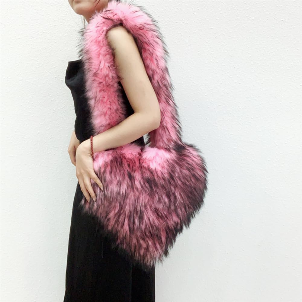 Cookies Heart Shaped Furry Purse for Women Large Soft Shoulder Bag Fluffy Faux Fur Trendy Y2K Girls Handbag