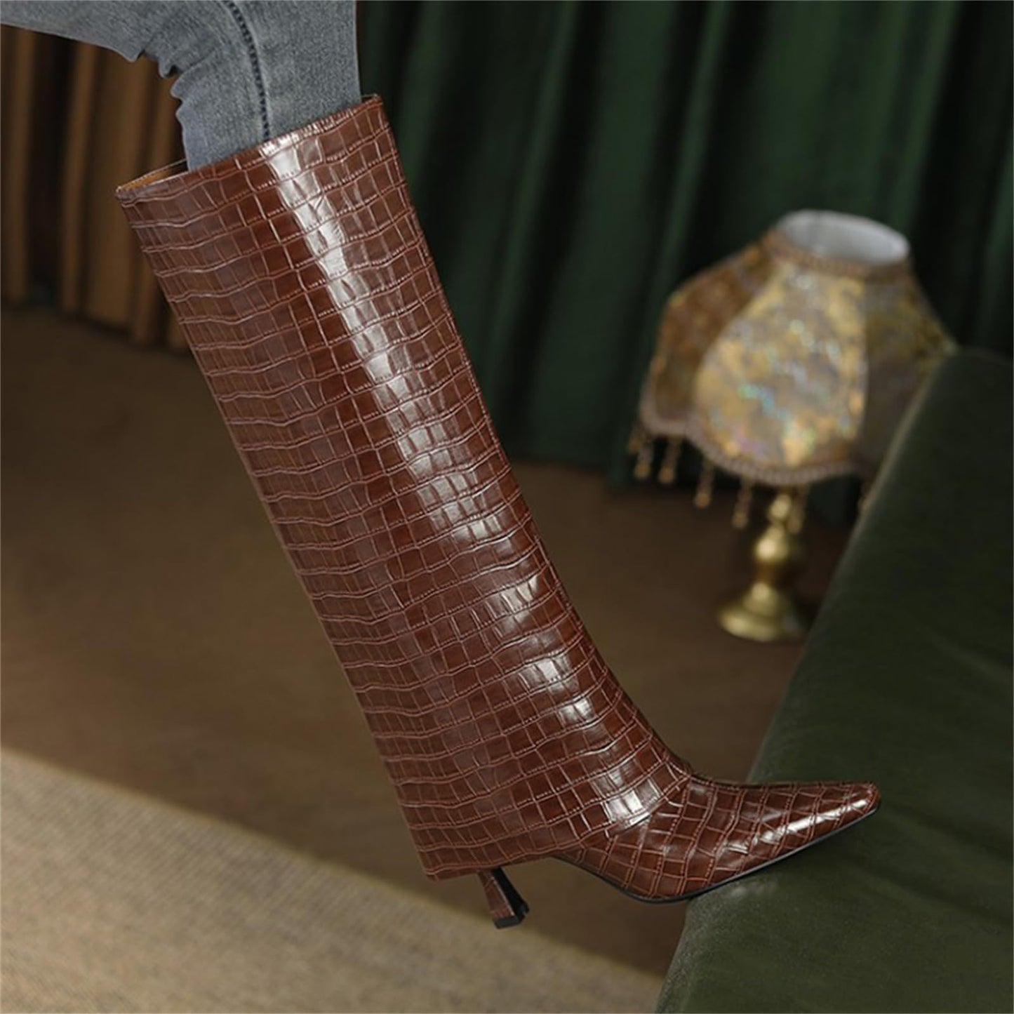Women's Stiletto Heel Knee High Boots Square Toe Slip On Fold Over Boots For Women Leather Comfortable Dress Tall Boots
