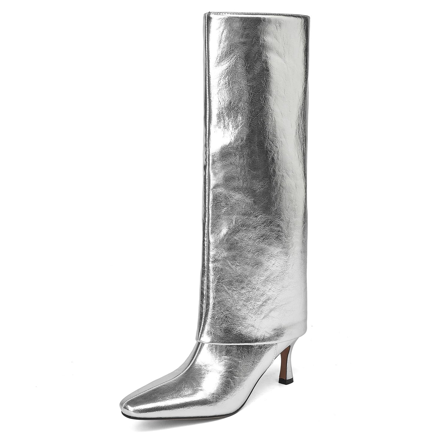 Women's Stiletto Heel Knee High Boots Square Toe Slip On Fold Over Boots For Women Leather Comfortable Dress Tall Boots