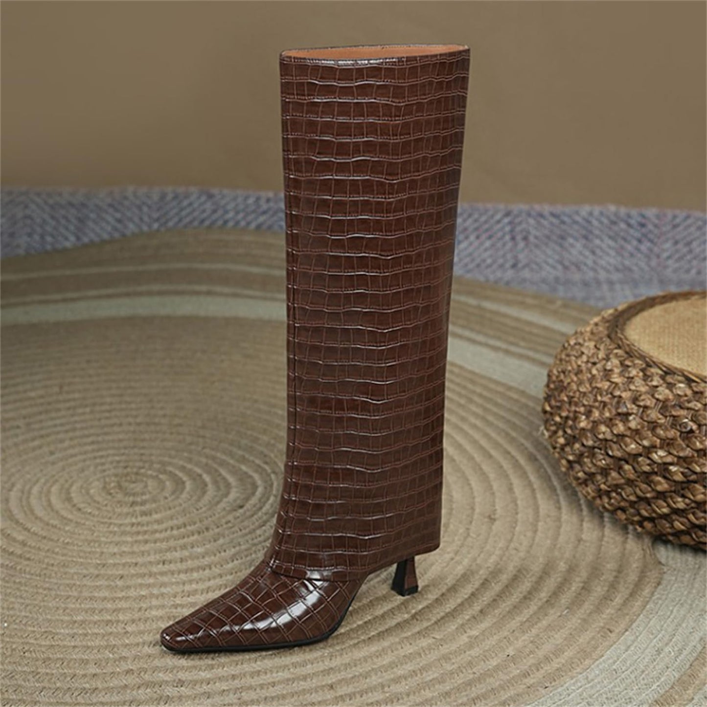 Women's Stiletto Heel Knee High Boots Square Toe Slip On Fold Over Boots For Women Leather Comfortable Dress Tall Boots