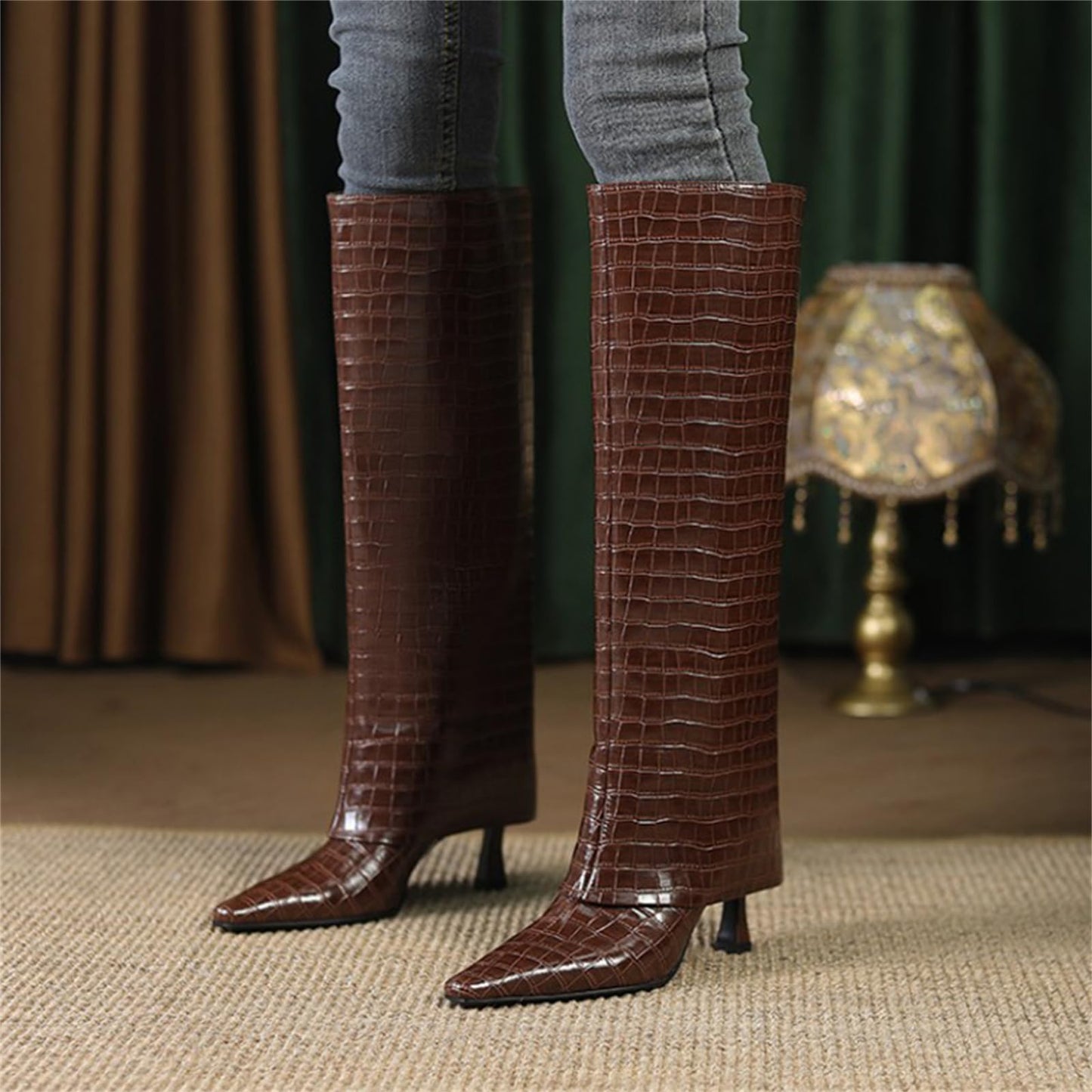 Women's Stiletto Heel Knee High Boots Square Toe Slip On Fold Over Boots For Women Leather Comfortable Dress Tall Boots