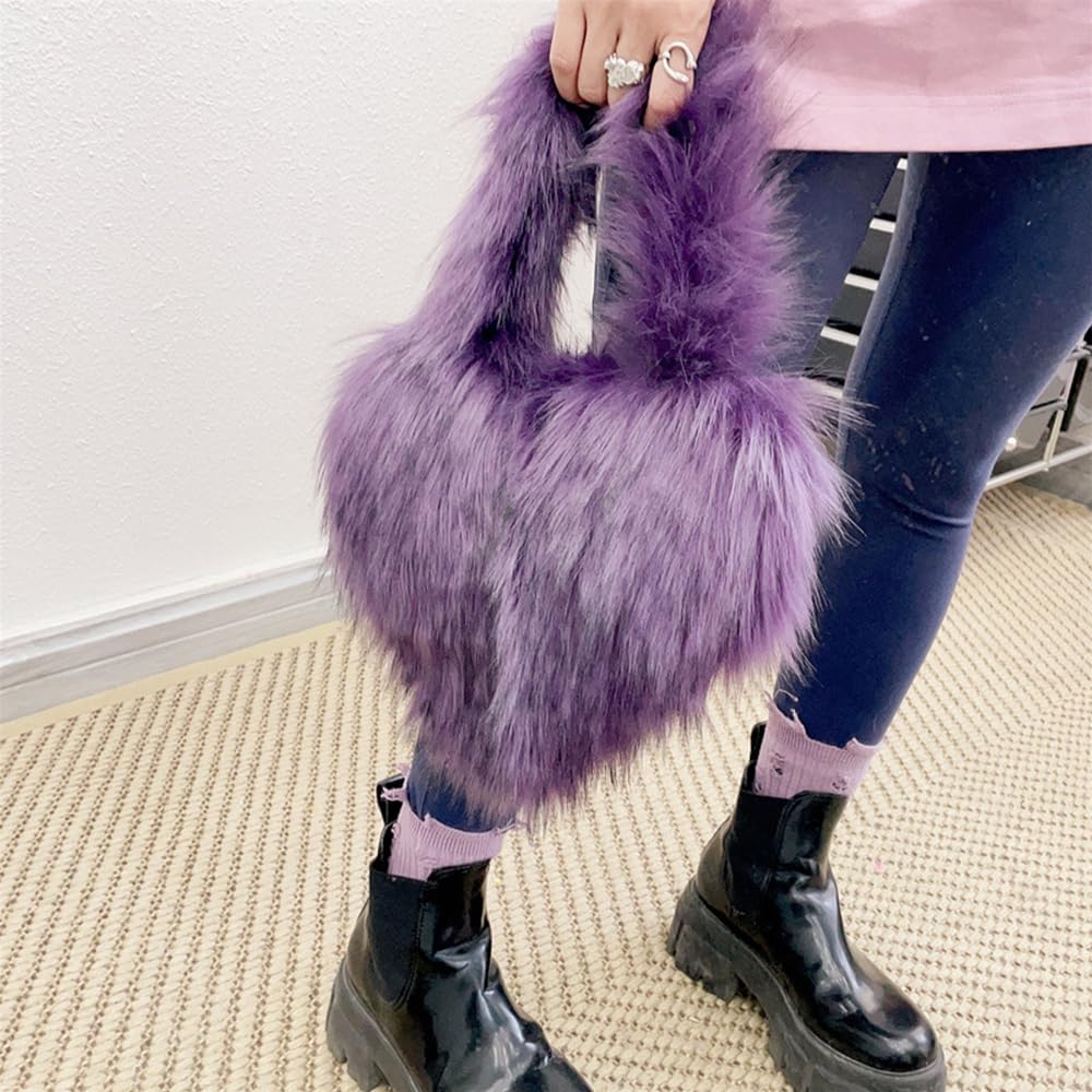 Cookies Heart Shaped Furry Purse for Women Large Soft Shoulder Bag Fluffy Faux Fur Trendy Y2K Girls Handbag