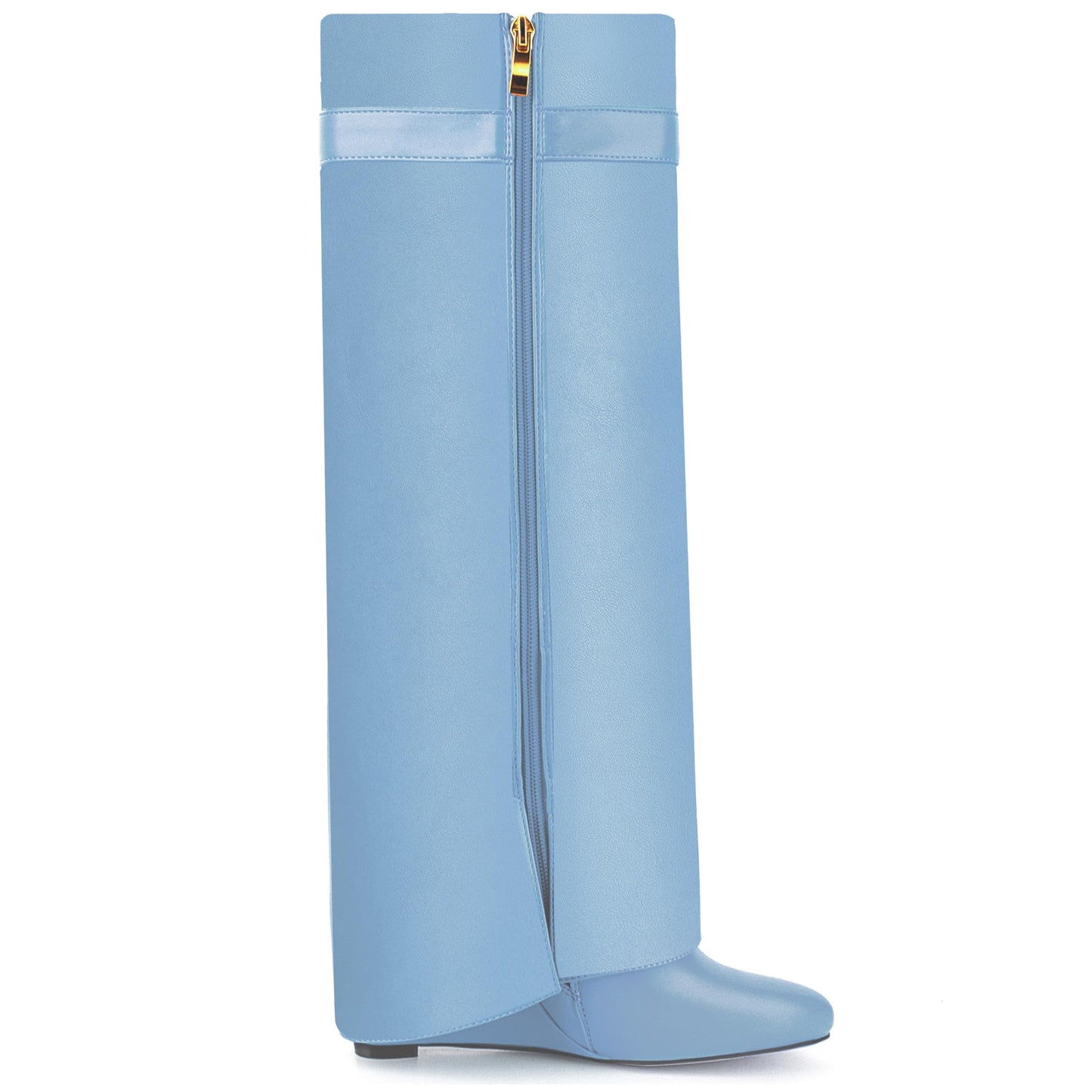Fold Over Boots for Women Pointy Pull-on Wedge Heel Knee Shark Boot With Side Zipper Padlock Design