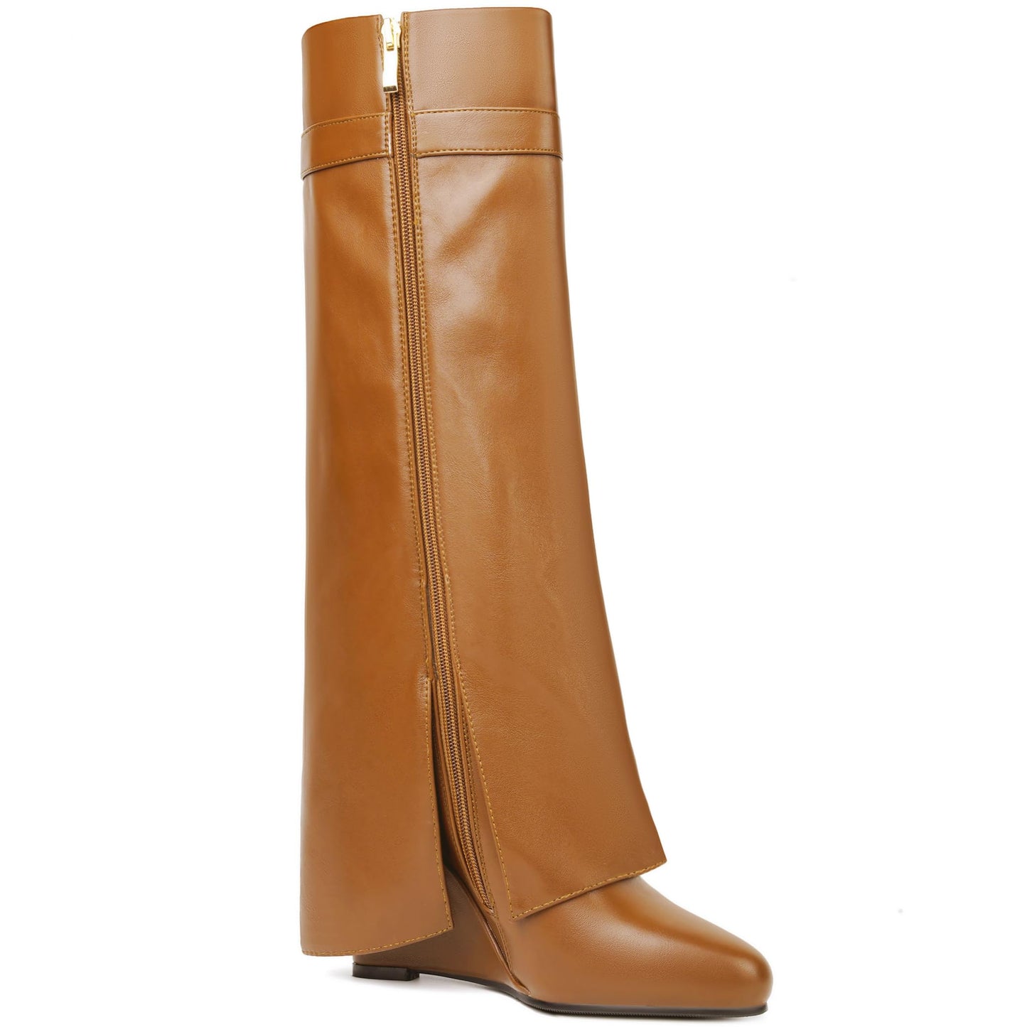 Fold Over Boots for Women Pointy Pull-on Wedge Heel Knee Shark Boot With Side Zipper Padlock Design