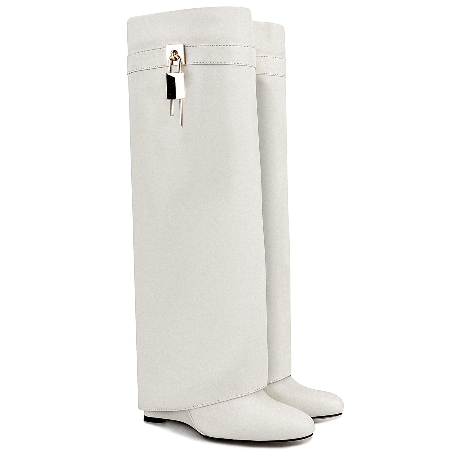 Fold Over Boots for Women Pointy Pull-on Wedge Heel Knee Shark Boot With Side Zipper Padlock Design
