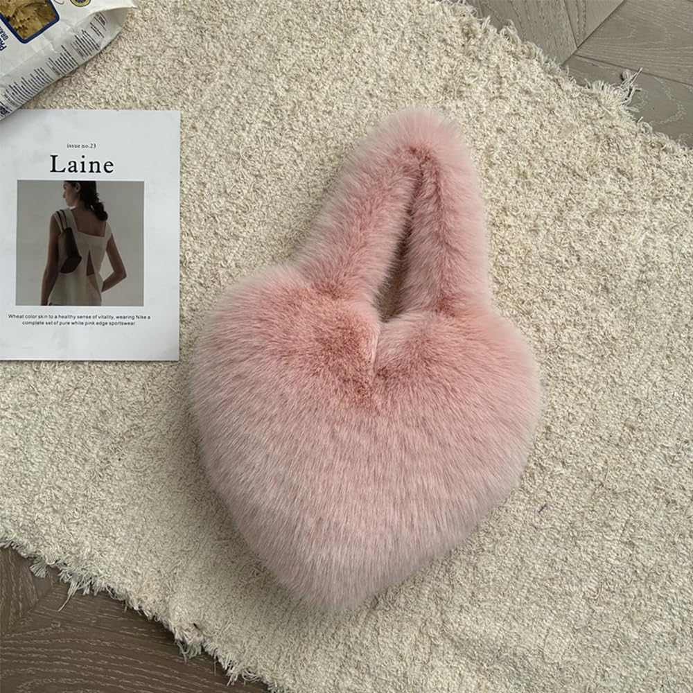 Cookies Heart Shaped Furry Purse for Women Large Soft Shoulder Bag Fluffy Faux Fur Trendy Y2K Girls Handbag