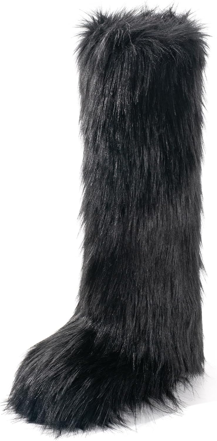 Cookies Women's Faux Fur Boot Furry Fluffy Round Toe Suede Winter Comfy Plush Warm Short Outdoor Indoor Flat Shoes Knee-High Boots
