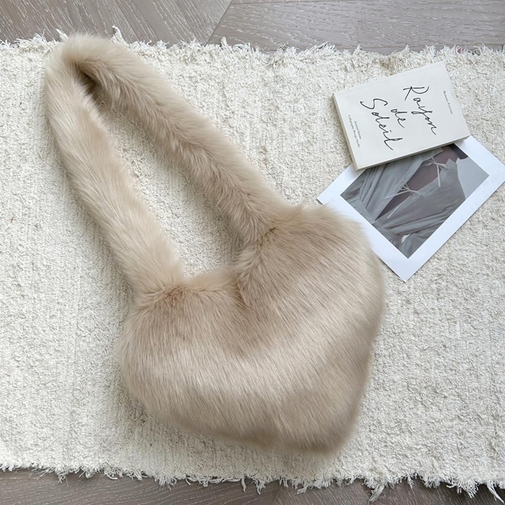 Cookies Heart Shaped Furry Purse for Women Large Soft Shoulder Bag Fluffy Faux Fur Trendy Y2K Girls Handbag