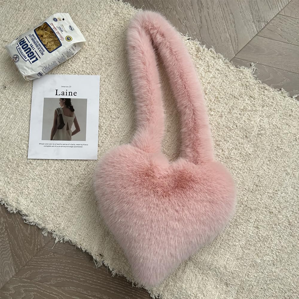 Cookies Heart Shaped Furry Purse for Women Large Soft Shoulder Bag Fluffy Faux Fur Trendy Y2K Girls Handbag