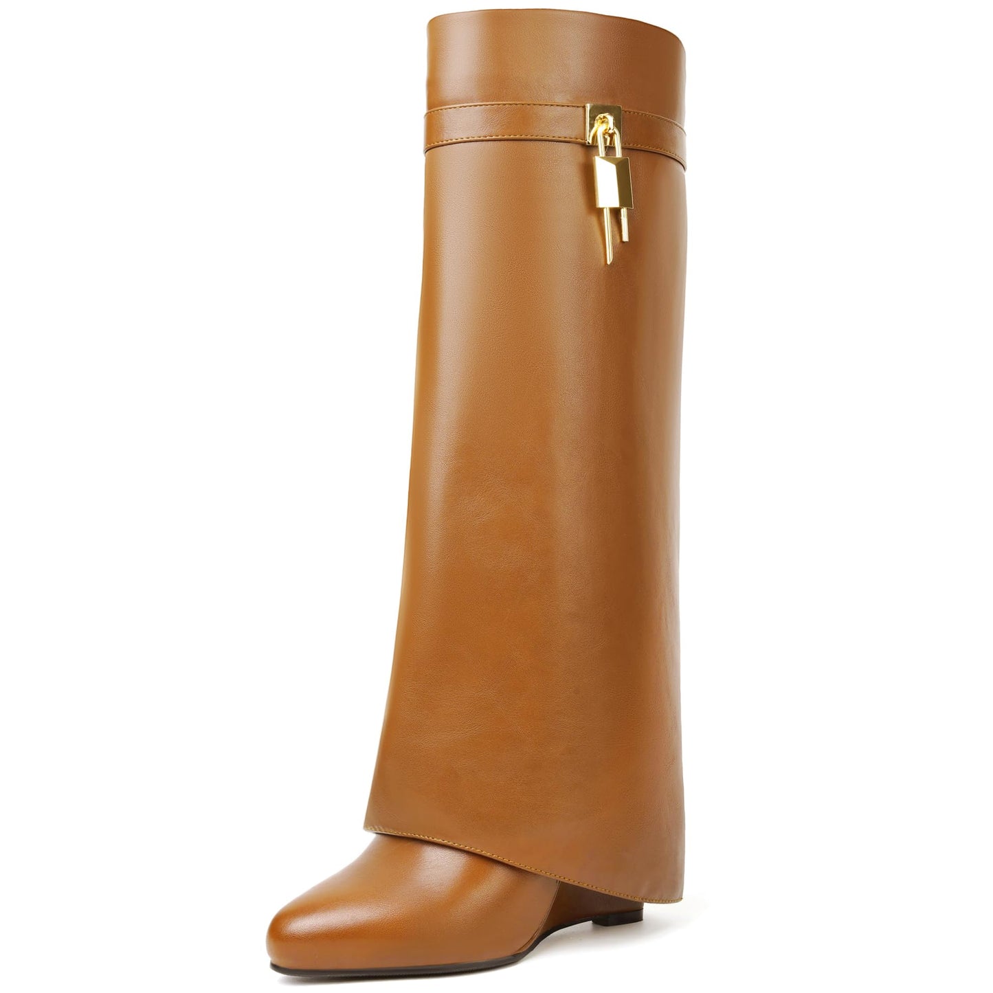 Fold Over Boots for Women Pointy Pull-on Wedge Heel Knee Shark Boot With Side Zipper Padlock Design