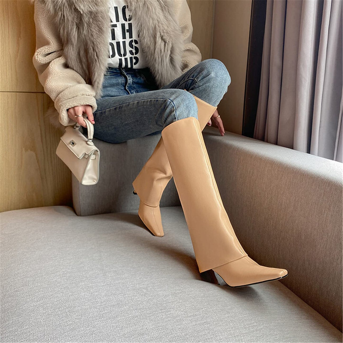 Women's Stiletto Heel Knee High Boots Square Toe Slip On Fold Over Boots For Women Leather Comfortable Dress Tall Boots