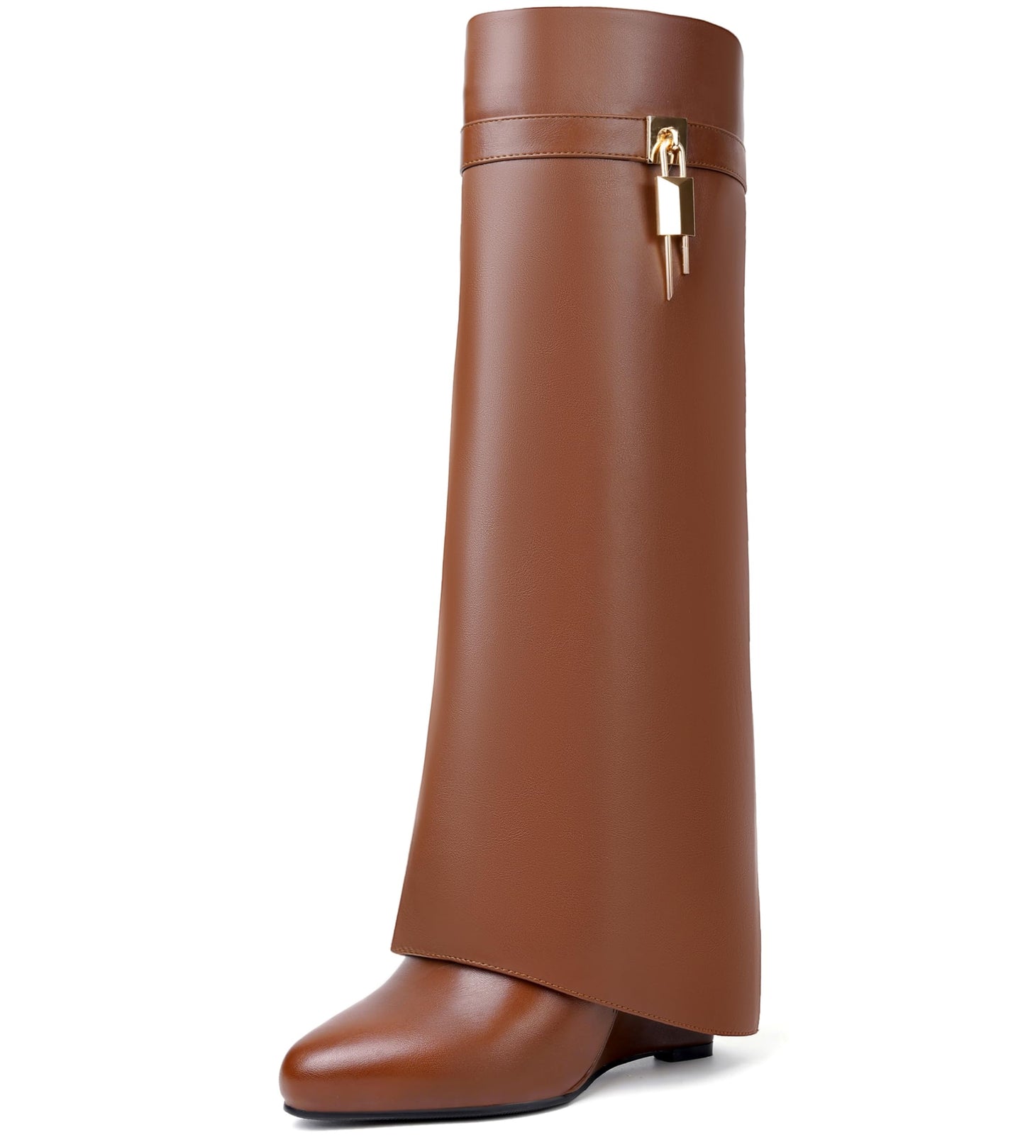 Fold Over Boots for Women Pointy Pull-on Wedge Heel Knee Shark Boot With Side Zipper Padlock Design