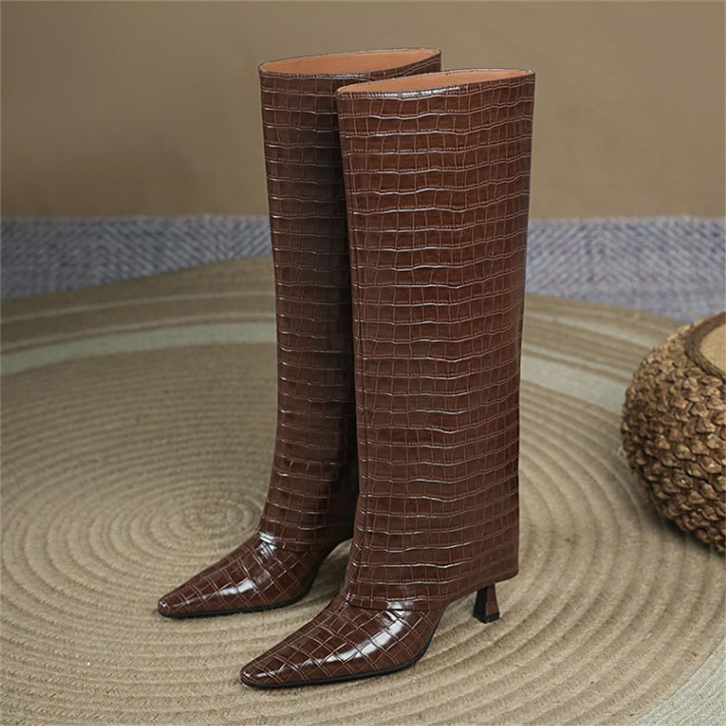 Women's Stiletto Heel Knee High Boots Square Toe Slip On Fold Over Boots For Women Leather Comfortable Dress Tall Boots