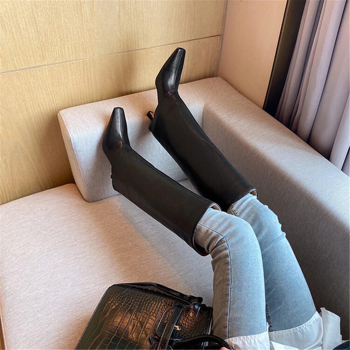 Women's Stiletto Heel Knee High Boots Square Toe Slip On Fold Over Boots For Women Leather Comfortable Dress Tall Boots