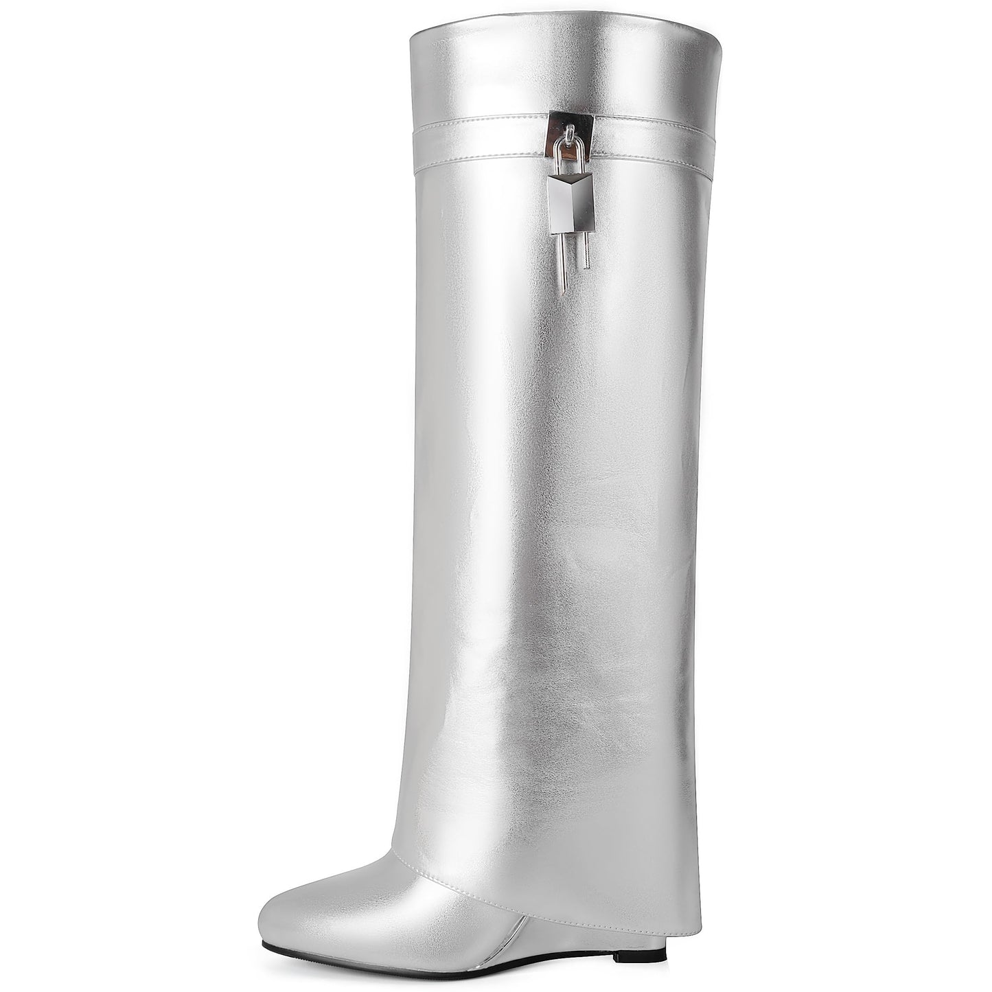 Fold Over Boots for Women Pointy Pull-on Wedge Heel Knee Shark Boot With Side Zipper Padlock Design