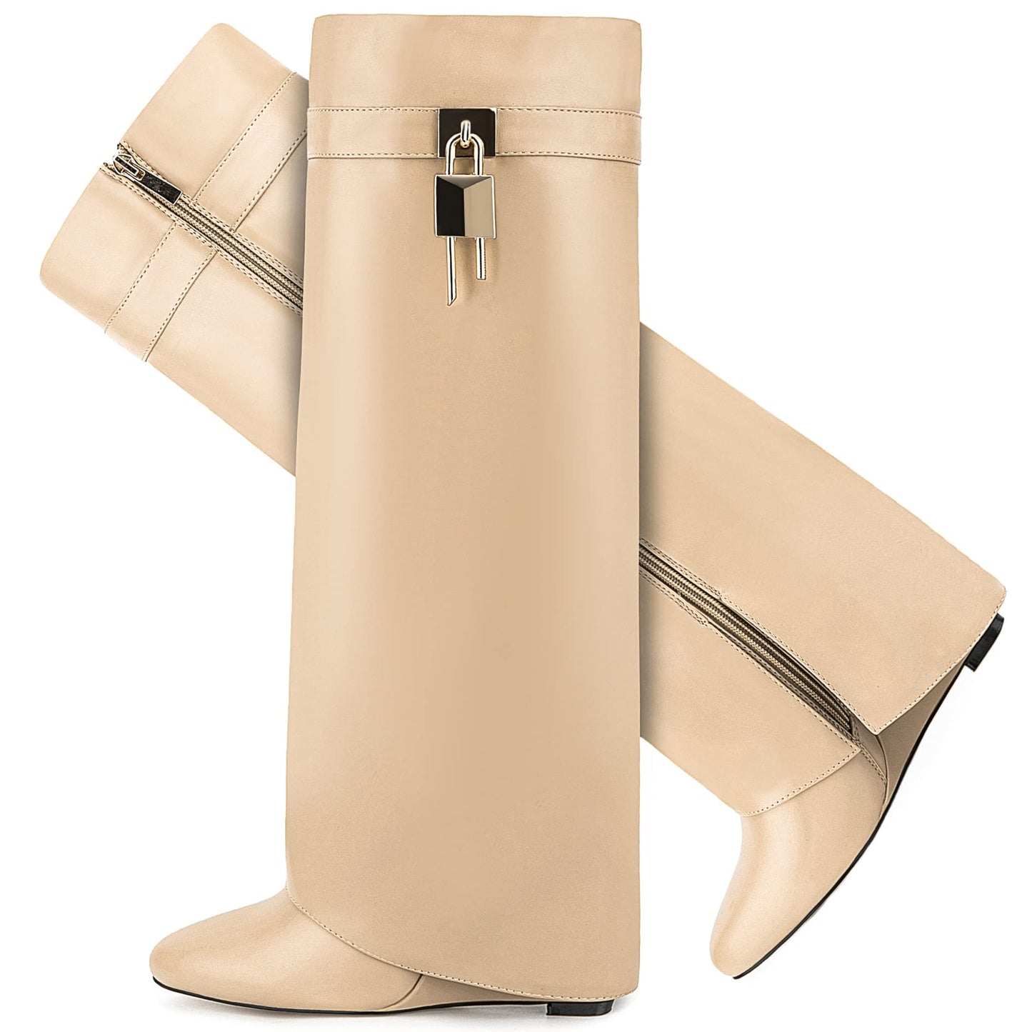 Fold Over Boots for Women Pointy Pull-on Wedge Heel Knee Shark Boot With Side Zipper Padlock Design