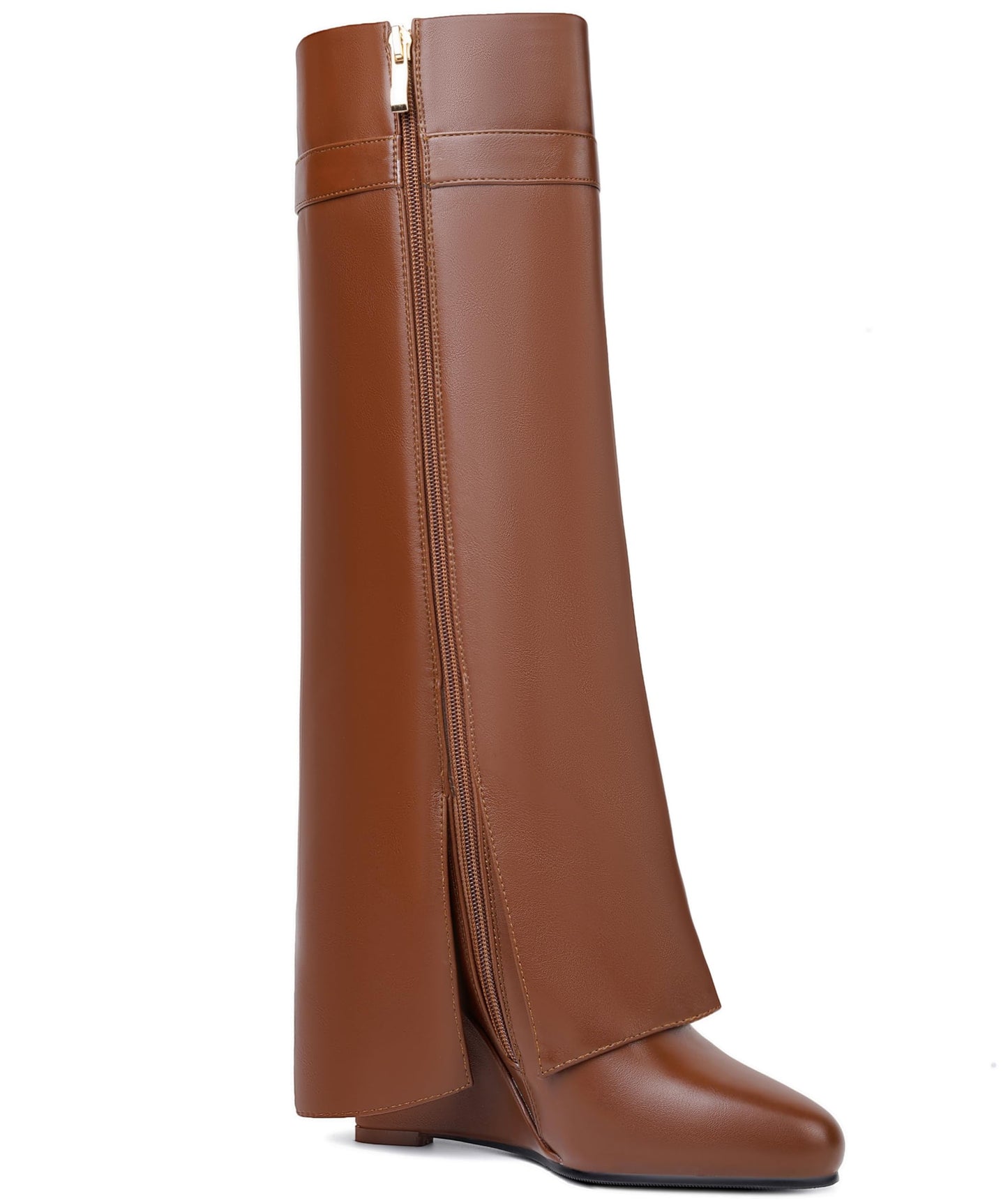 Fold Over Boots for Women Pointy Pull-on Wedge Heel Knee Shark Boot With Side Zipper Padlock Design