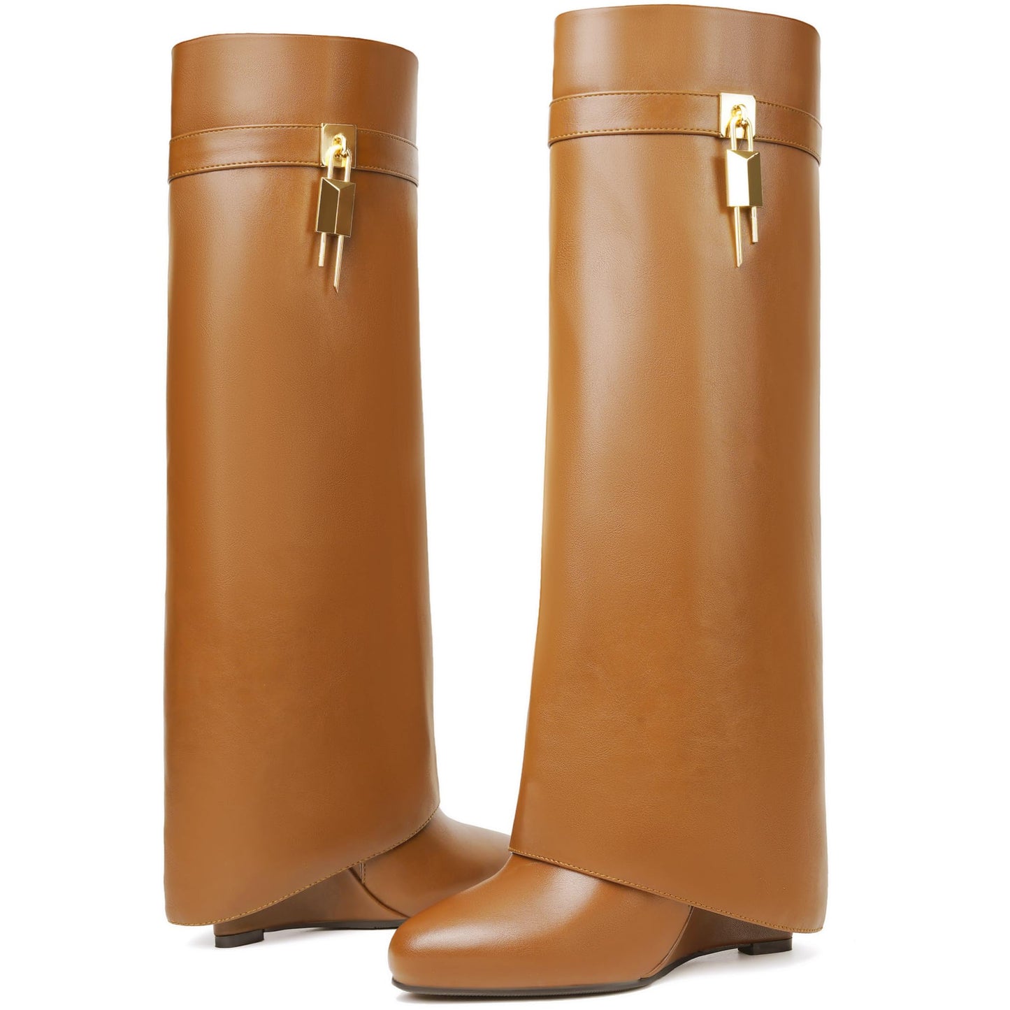 Fold Over Boots for Women Pointy Pull-on Wedge Heel Knee Shark Boot With Side Zipper Padlock Design