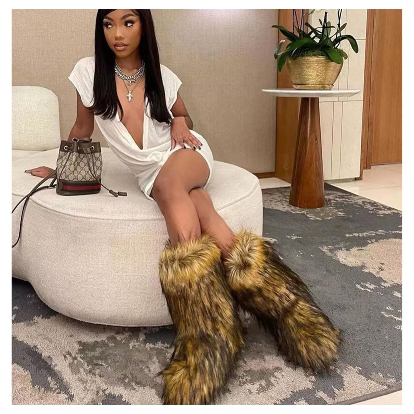 Cookies Women's Faux Fur Boot Furry Fluffy Round Toe Suede Winter Comfy Plush Warm Short Outdoor Indoor Flat Shoes Knee-High Boots