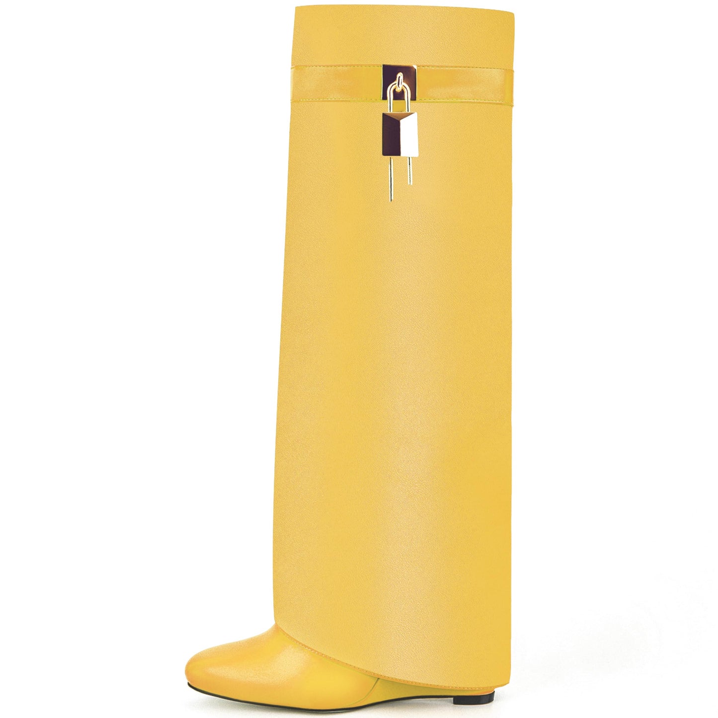 Fold Over Boots for Women Pointy Pull-on Wedge Heel Knee Shark Boot With Side Zipper Padlock Design