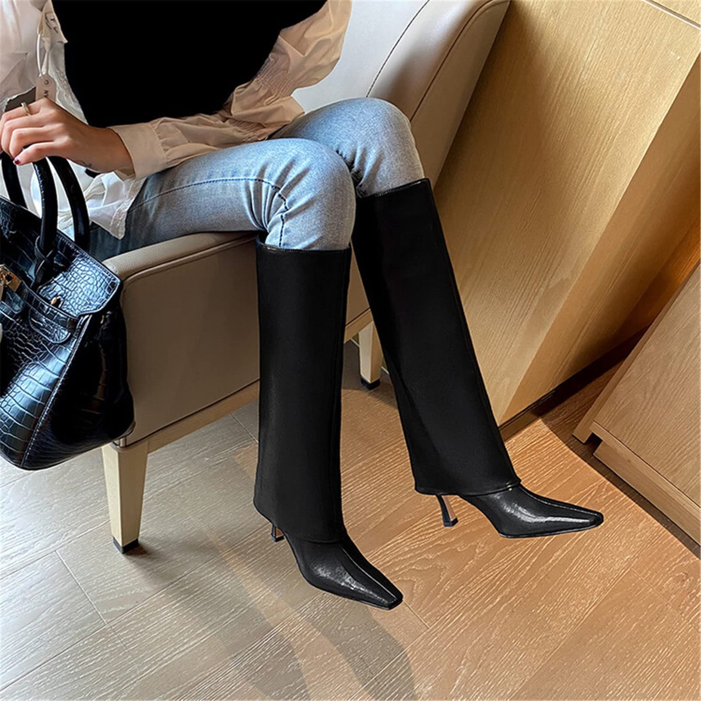 Women's Stiletto Heel Knee High Boots Square Toe Slip On Fold Over Boots For Women Leather Comfortable Dress Tall Boots