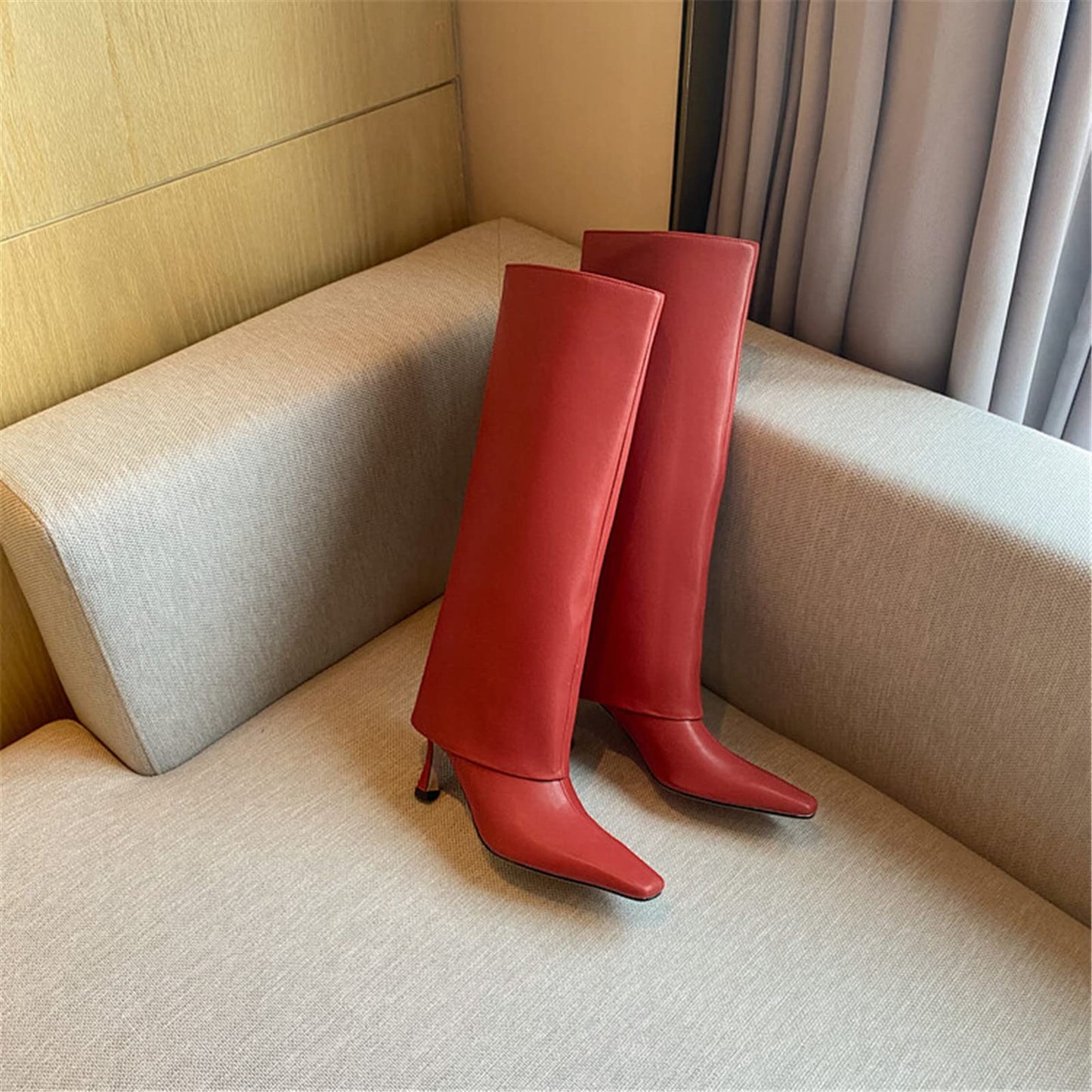 Women's Stiletto Heel Knee High Boots Square Toe Slip On Fold Over Boots For Women Leather Comfortable Dress Tall Boots
