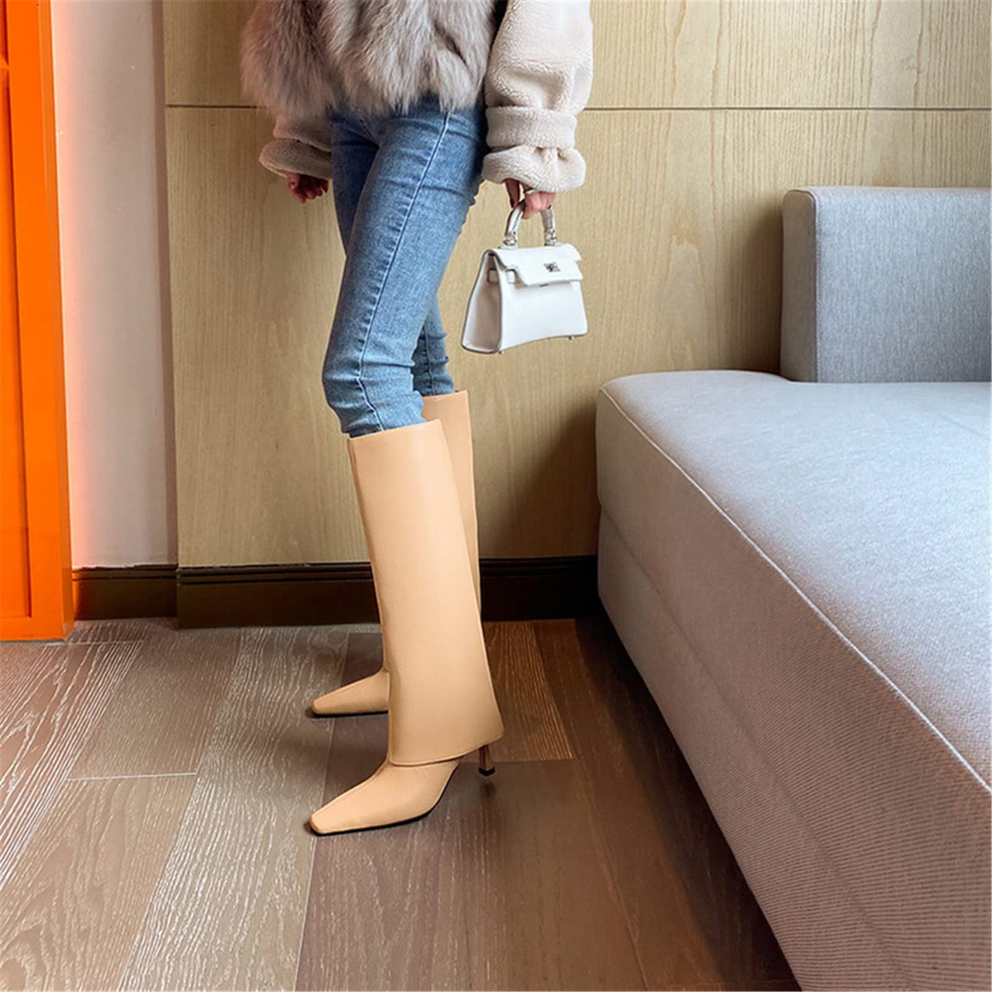 Women's Stiletto Heel Knee High Boots Square Toe Slip On Fold Over Boots For Women Leather Comfortable Dress Tall Boots