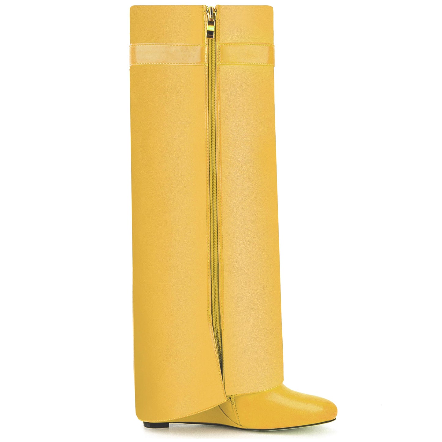 Fold Over Boots for Women Pointy Pull-on Wedge Heel Knee Shark Boot With Side Zipper Padlock Design