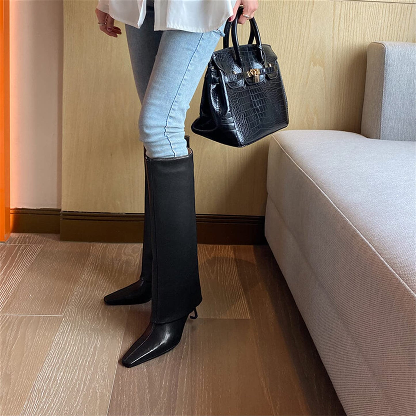 Women's Stiletto Heel Knee High Boots Square Toe Slip On Fold Over Boots For Women Leather Comfortable Dress Tall Boots