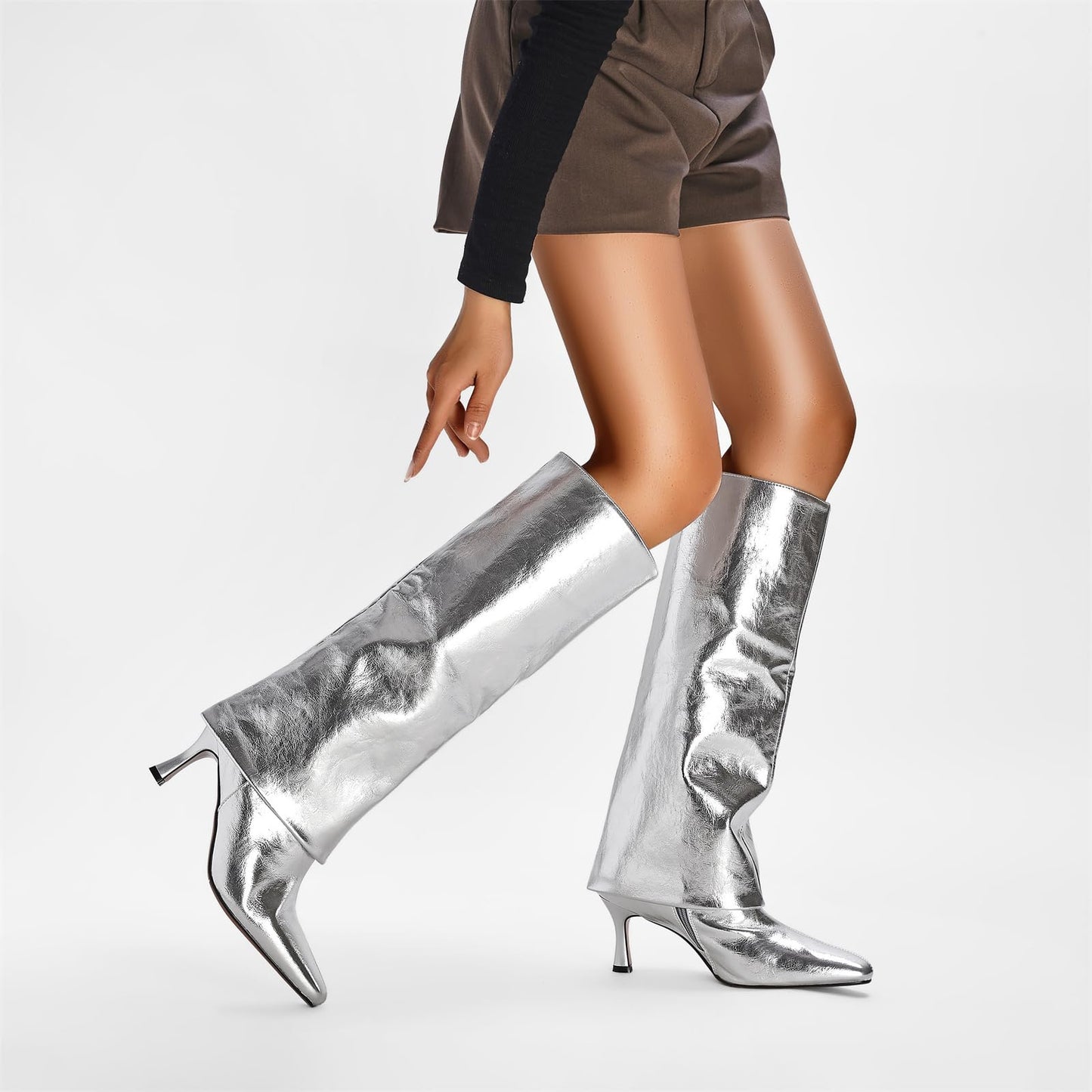 Women's Stiletto Heel Knee High Boots Square Toe Slip On Fold Over Boots For Women Leather Comfortable Dress Tall Boots