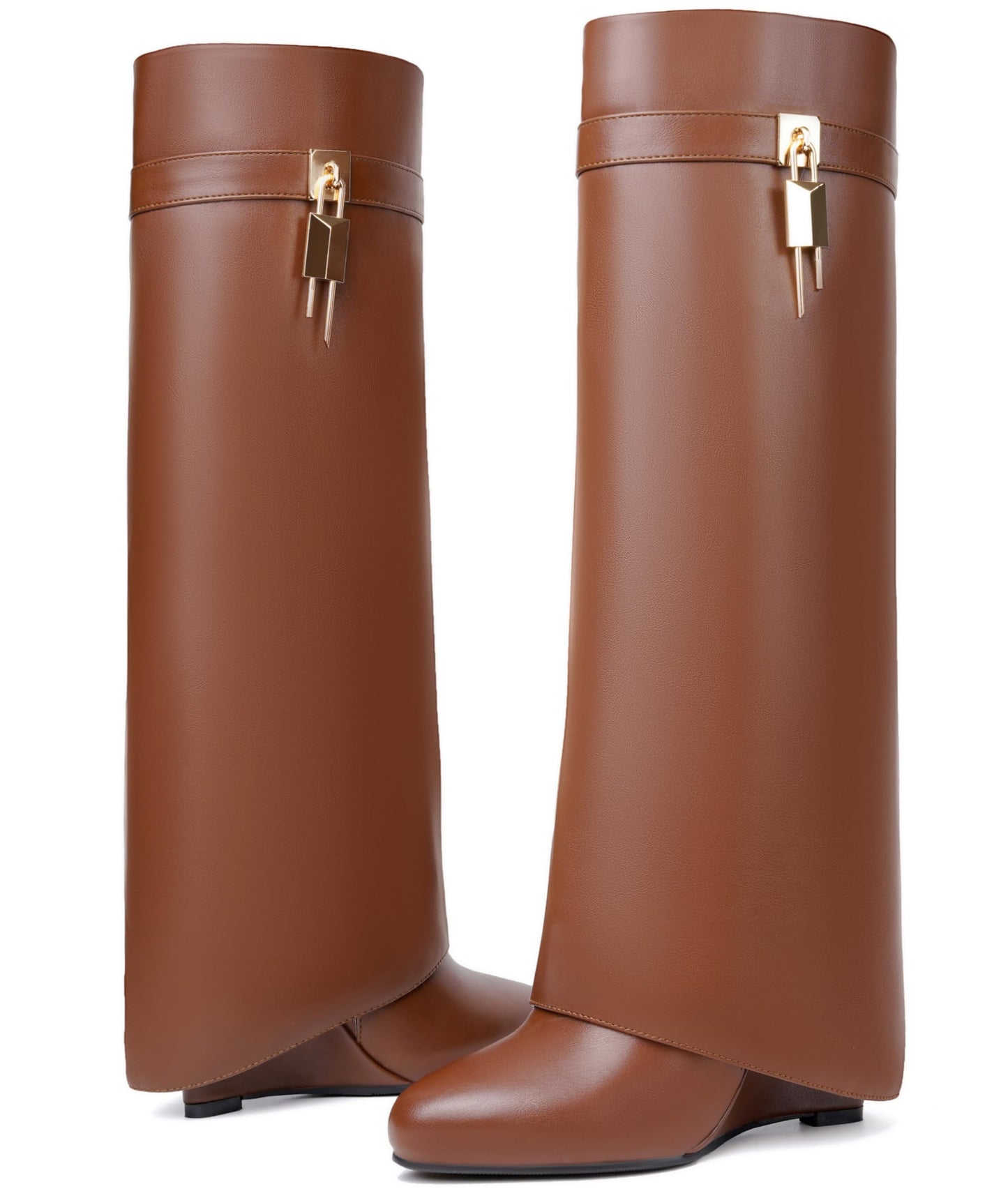 Fold Over Boots for Women Pointy Pull-on Wedge Heel Knee Shark Boot With Side Zipper Padlock Design