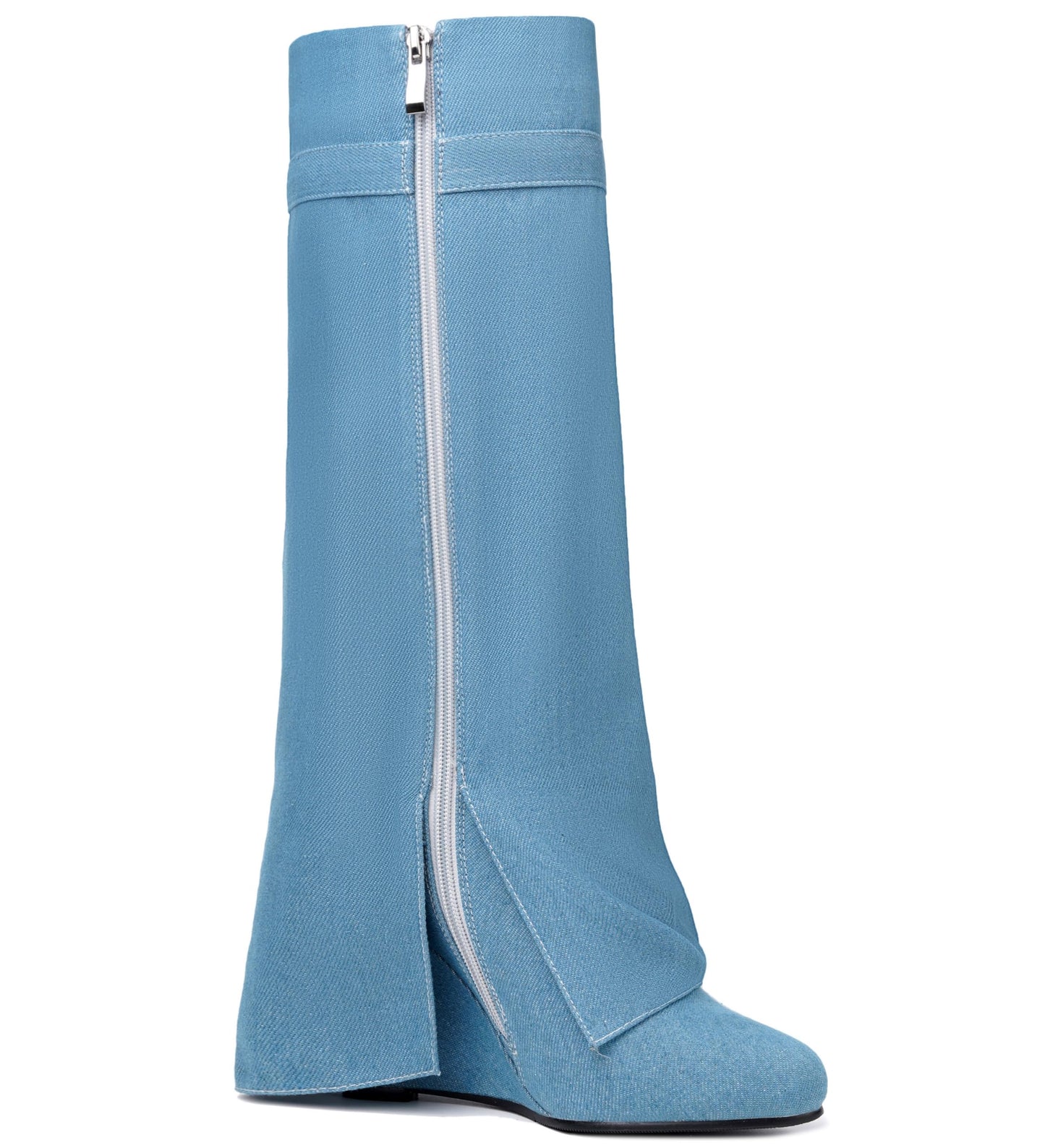 Fold Over Boots for Women Pointy Pull-on Wedge Heel Knee Shark Boot With Side Zipper Padlock Design