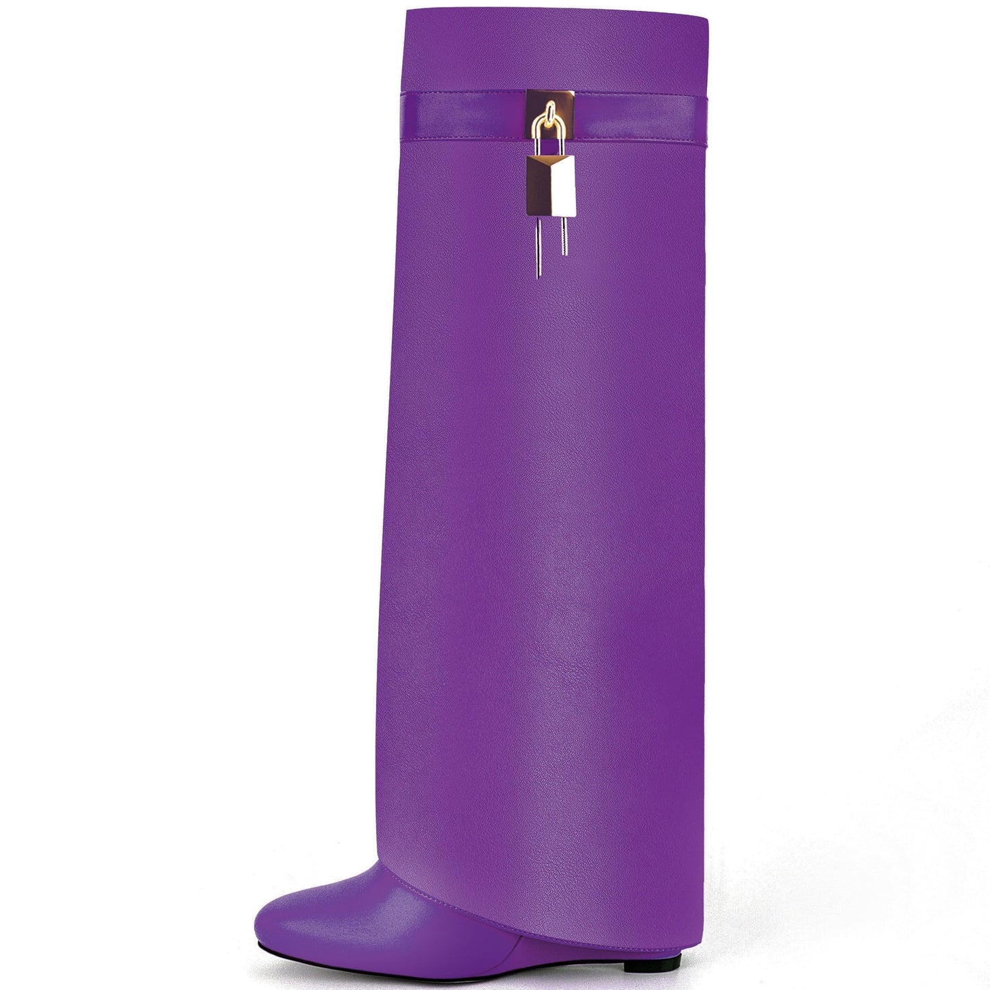 Fold Over Boots for Women Pointy Pull-on Wedge Heel Knee Shark Boot With Side Zipper Padlock Design