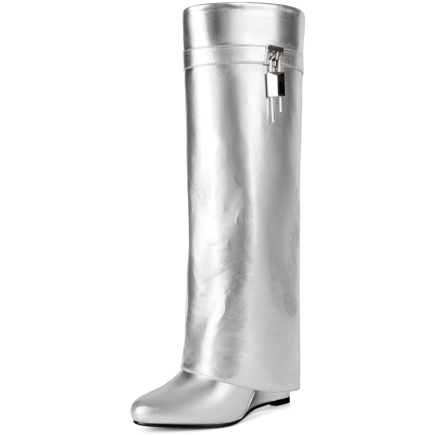 Fold Over Boots for Women Pointy Pull-on Wedge Heel Knee Shark Boot With Side Zipper Padlock Design