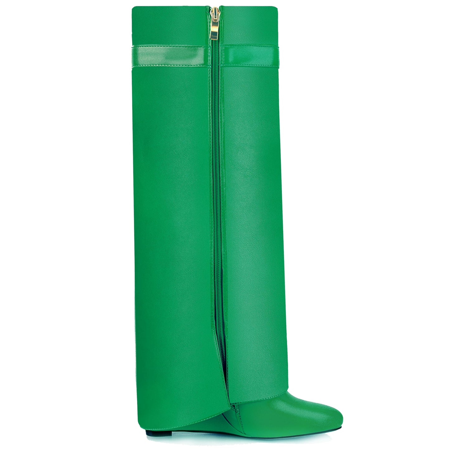 Fold Over Boots for Women Pointy Pull-on Wedge Heel Knee Shark Boot With Side Zipper Padlock Design