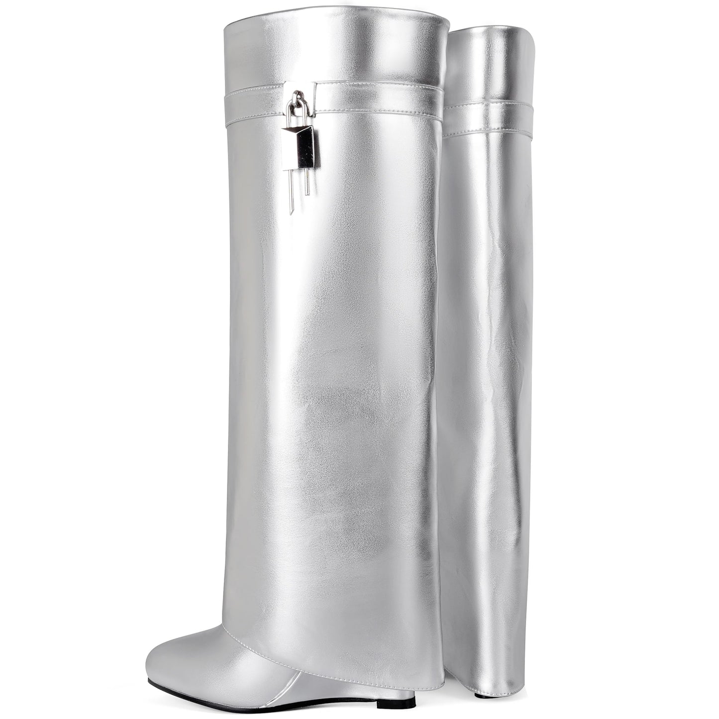 Fold Over Boots for Women Pointy Pull-on Wedge Heel Knee Shark Boot With Side Zipper Padlock Design
