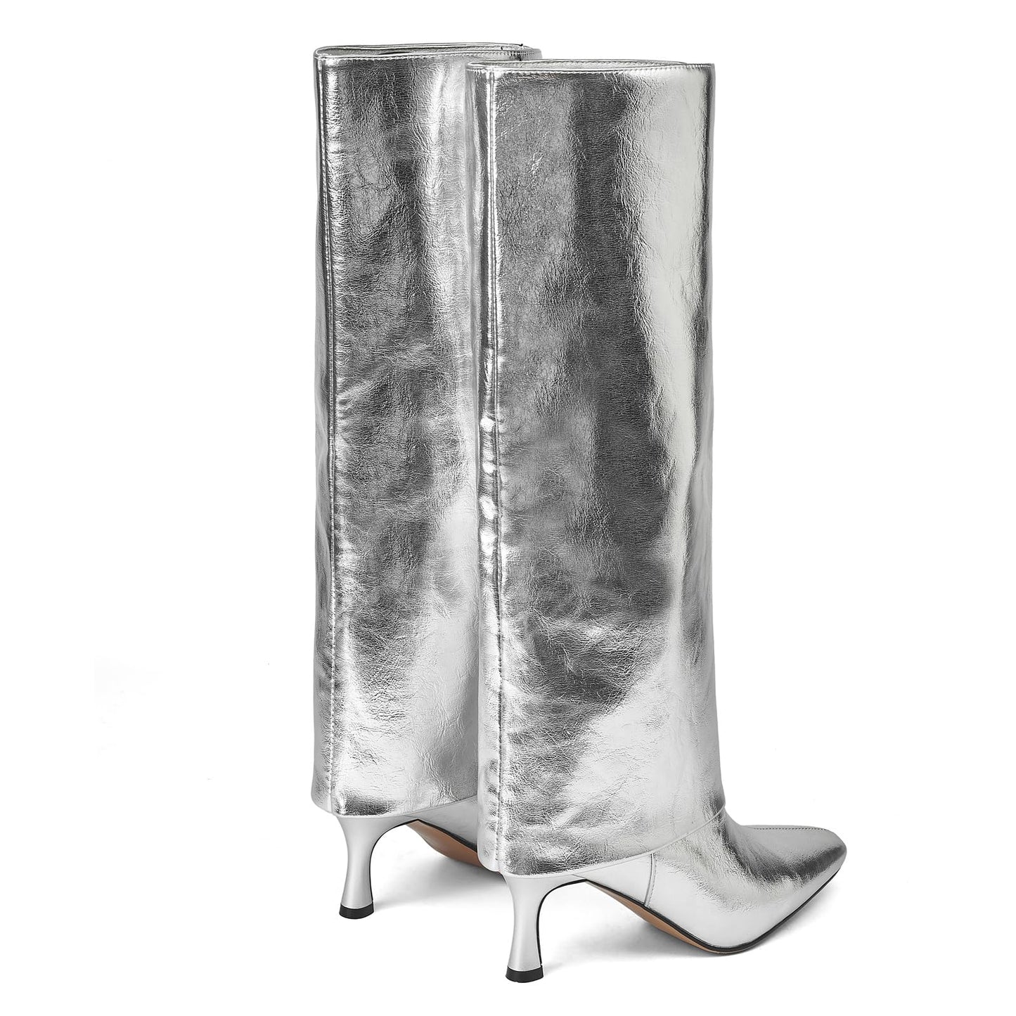Women's Stiletto Heel Knee High Boots Square Toe Slip On Fold Over Boots For Women Leather Comfortable Dress Tall Boots