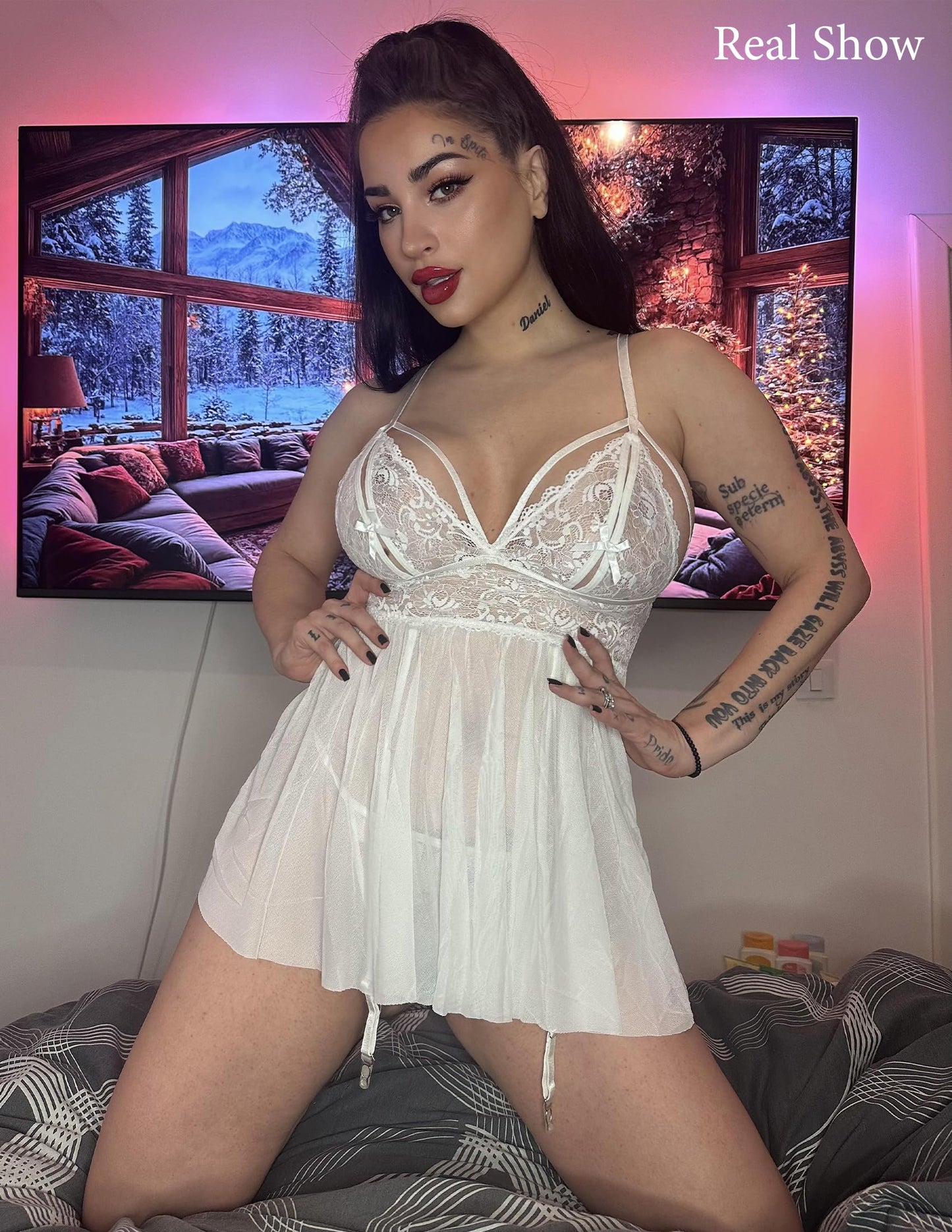 Cookie Sexy Lingerie for Women Lace Babydoll Mesh Chemise Nighty Strappy Lingerie Dress With Garter