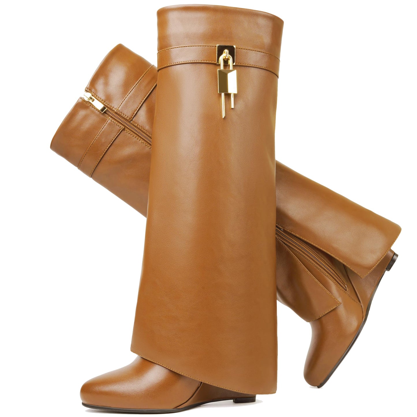 Fold Over Boots for Women Pointy Pull-on Wedge Heel Knee Shark Boot With Side Zipper Padlock Design