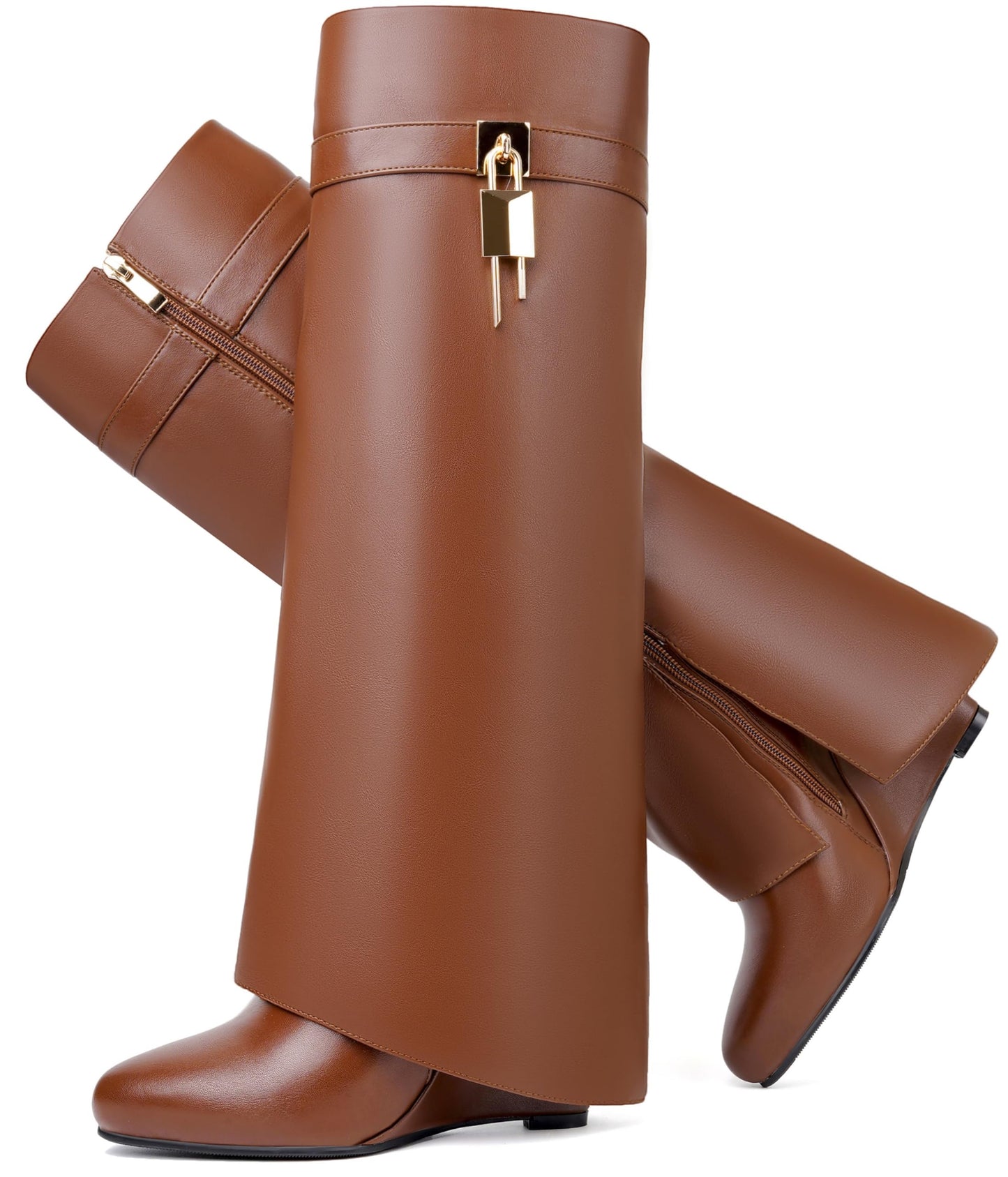 Fold Over Boots for Women Pointy Pull-on Wedge Heel Knee Shark Boot With Side Zipper Padlock Design