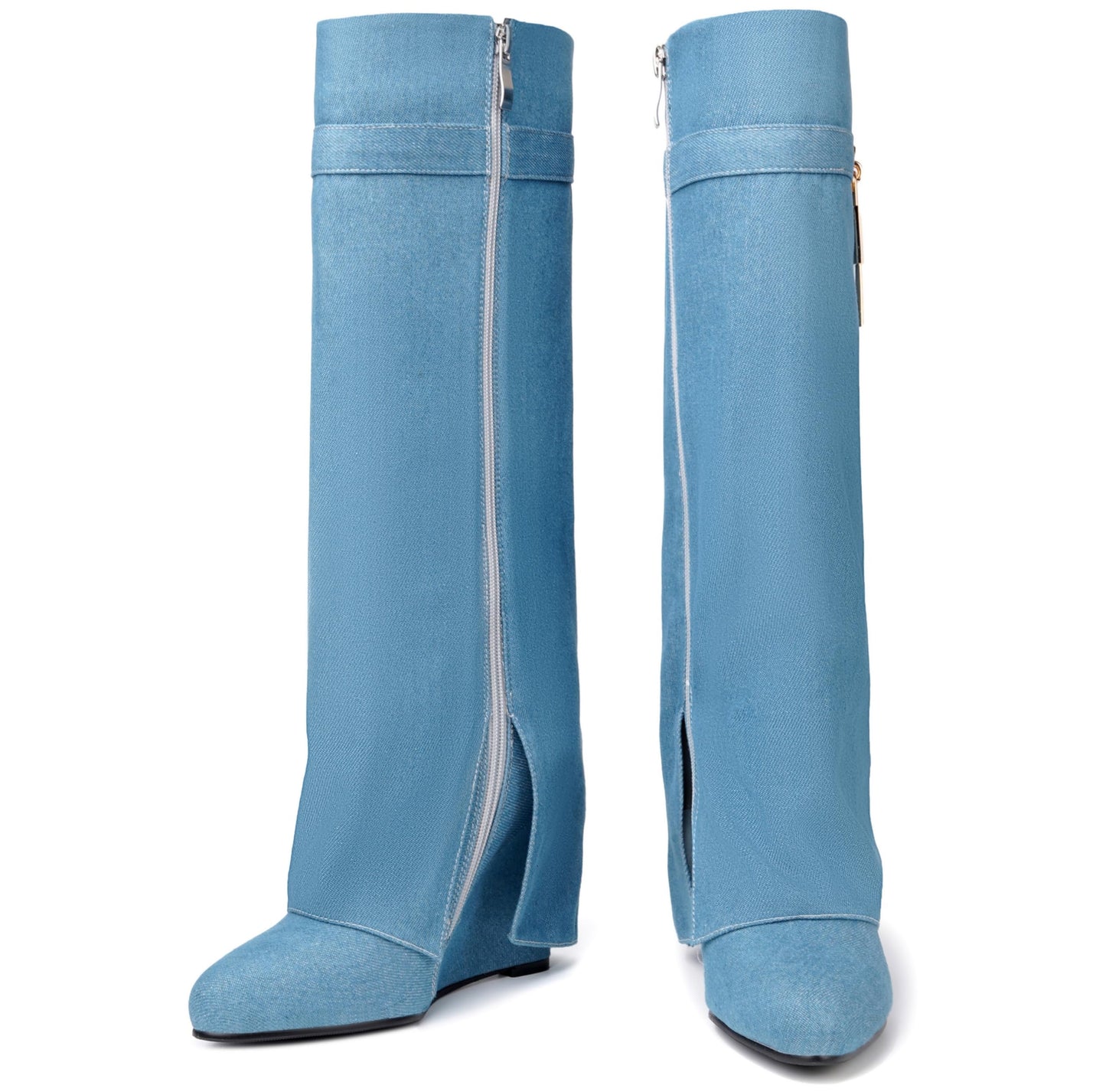 Fold Over Boots for Women Pointy Pull-on Wedge Heel Knee Shark Boot With Side Zipper Padlock Design