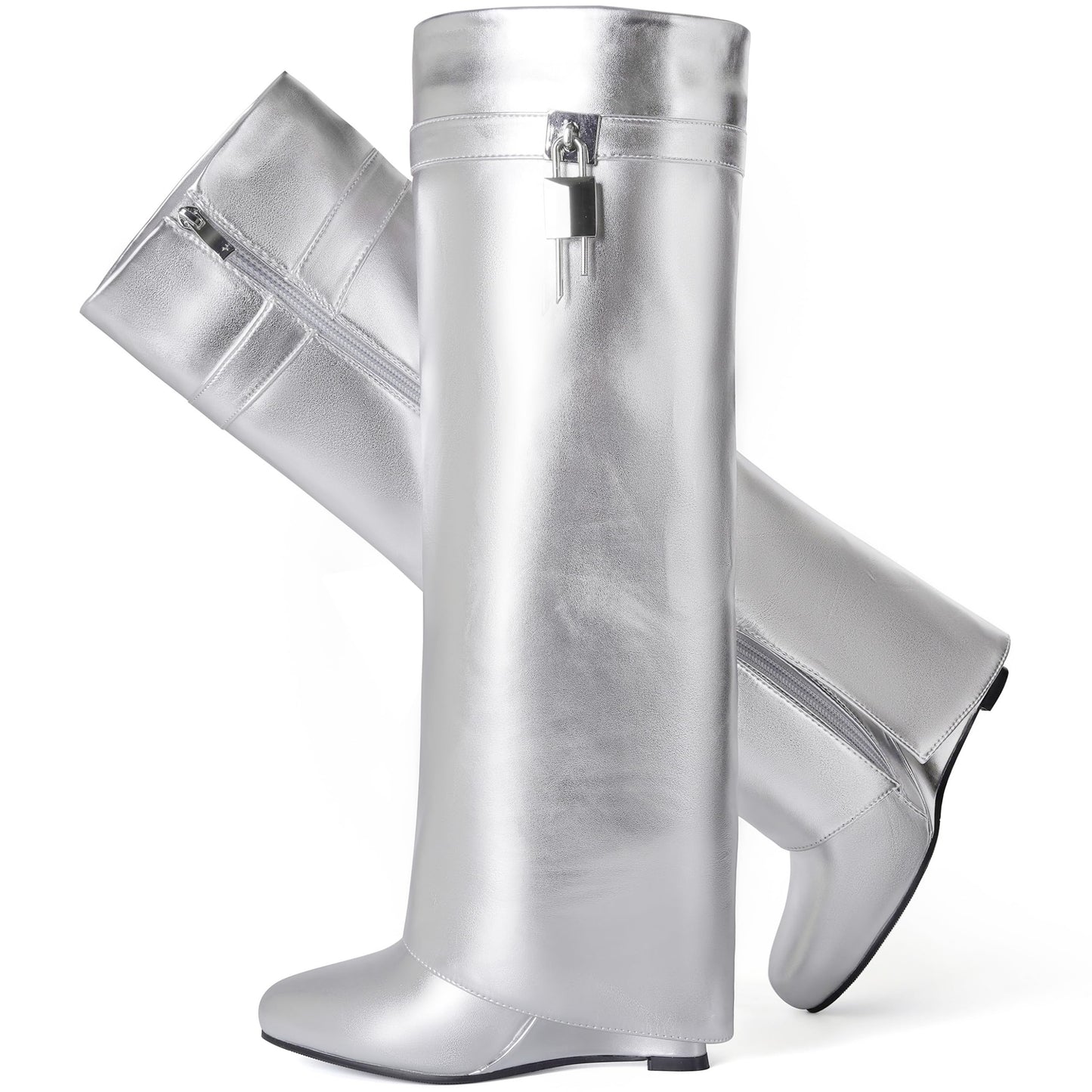 Fold Over Boots for Women Pointy Pull-on Wedge Heel Knee Shark Boot With Side Zipper Padlock Design