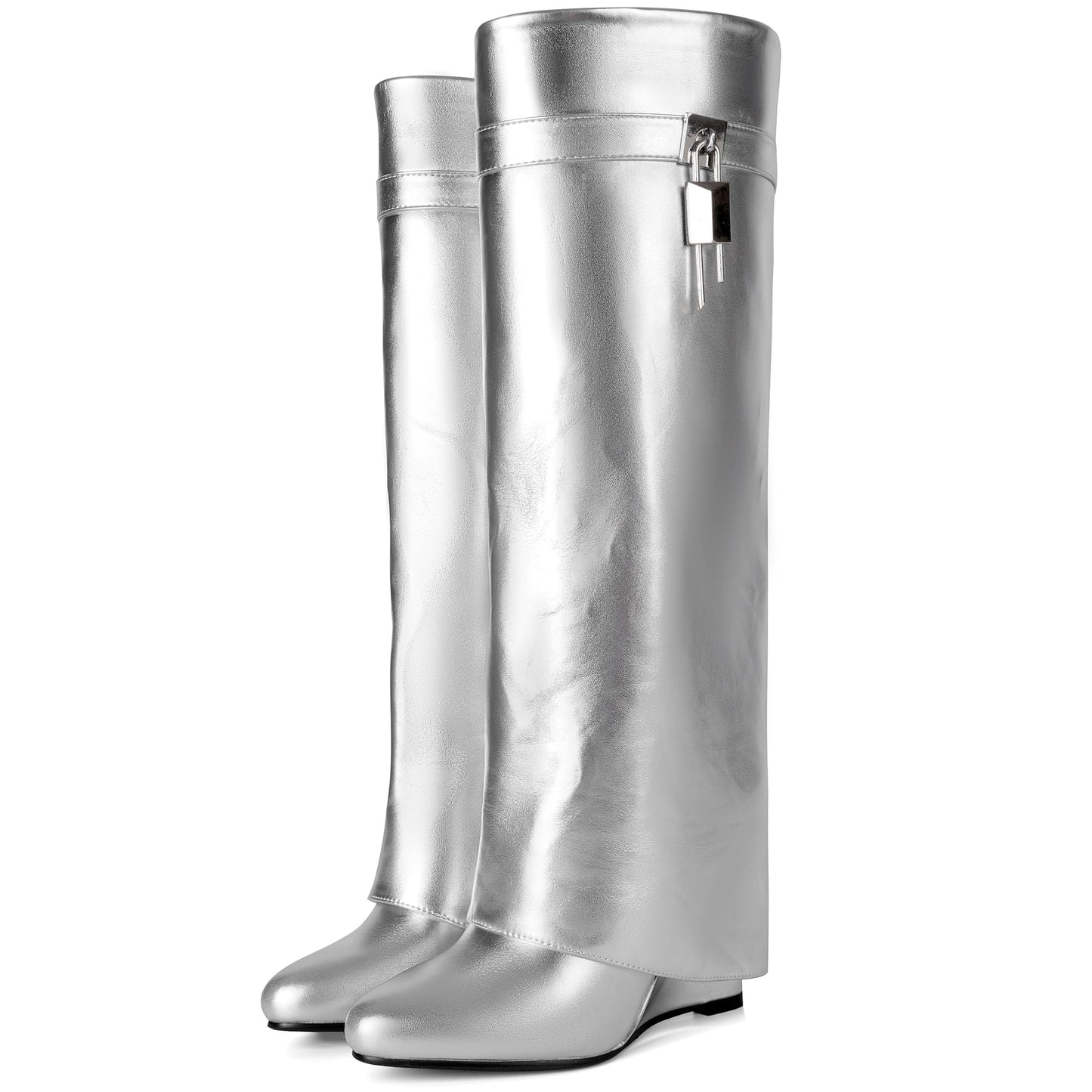Fold Over Boots for Women Pointy Pull-on Wedge Heel Knee Shark Boot With Side Zipper Padlock Design
